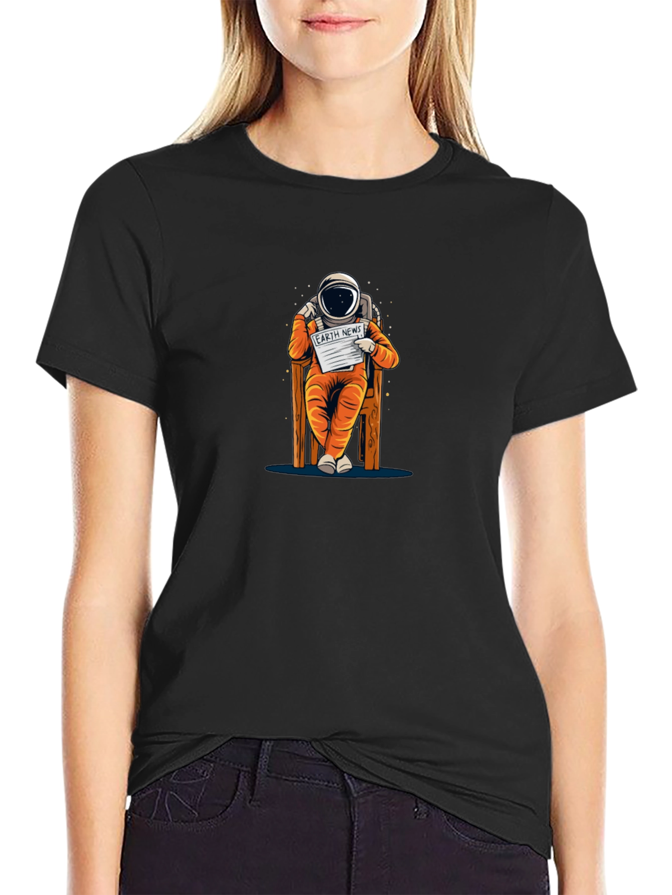 Astronaut Reading Newspaper Graphic T-Shirt - Black