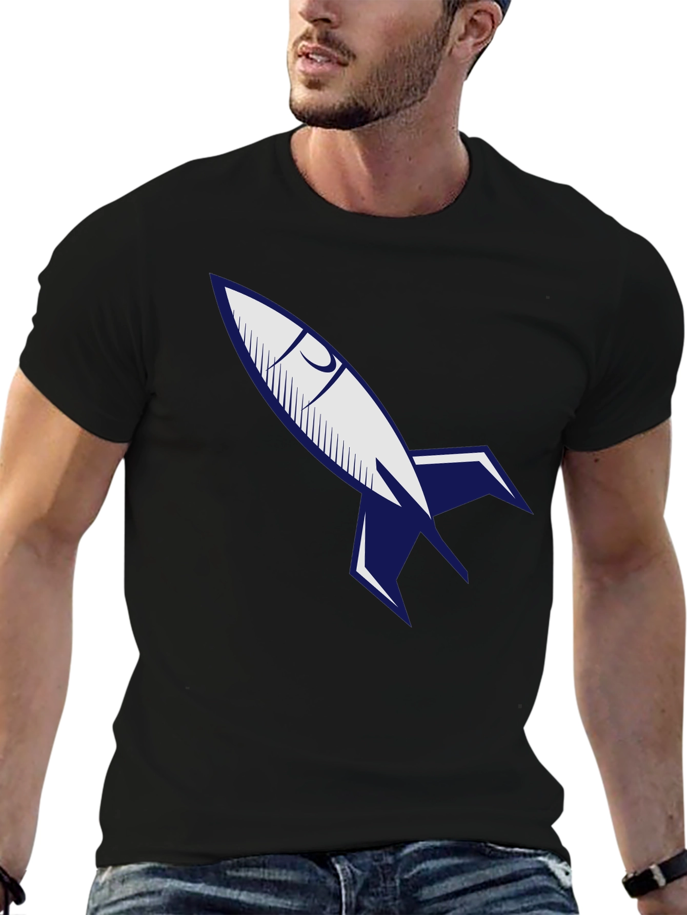 Retro Rocket Graphic Tee - Classic Black Cotton T-Shirt