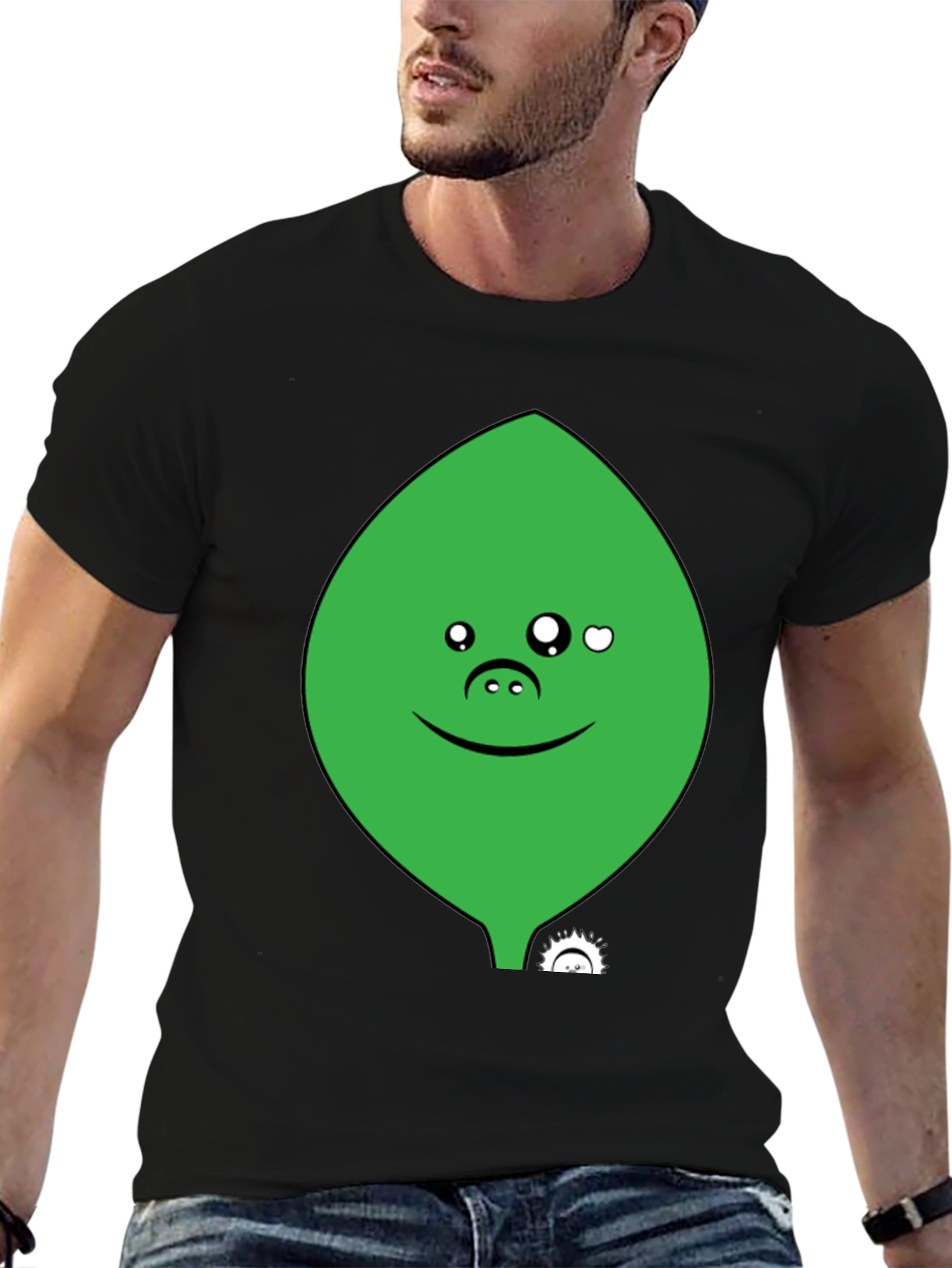 Cute Green Leaf Face Black T-Shirt