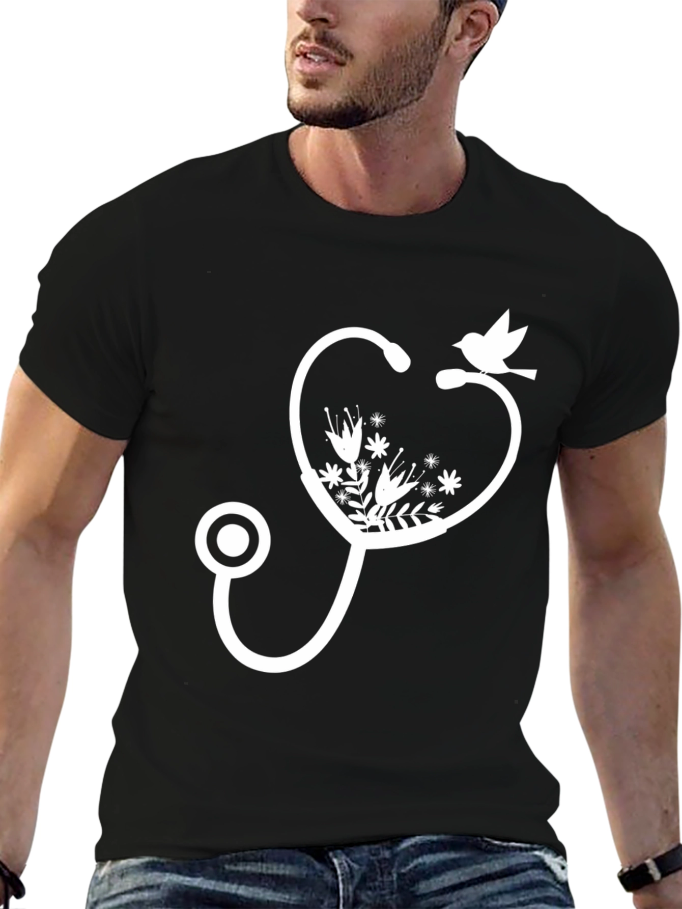Floral Stethoscope Bird Graphic Tee