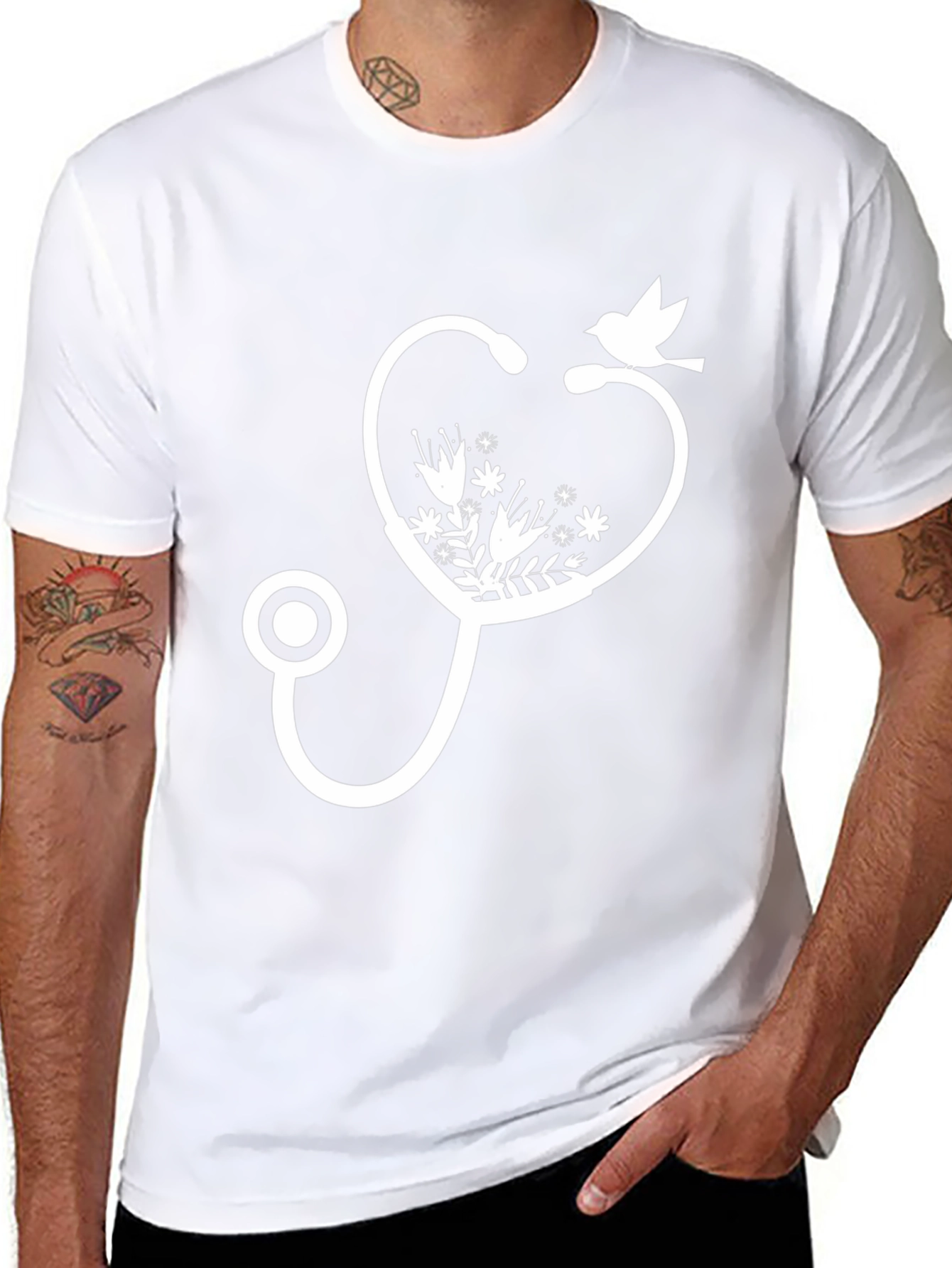 Floral Stethoscope Bird Graphic Tee