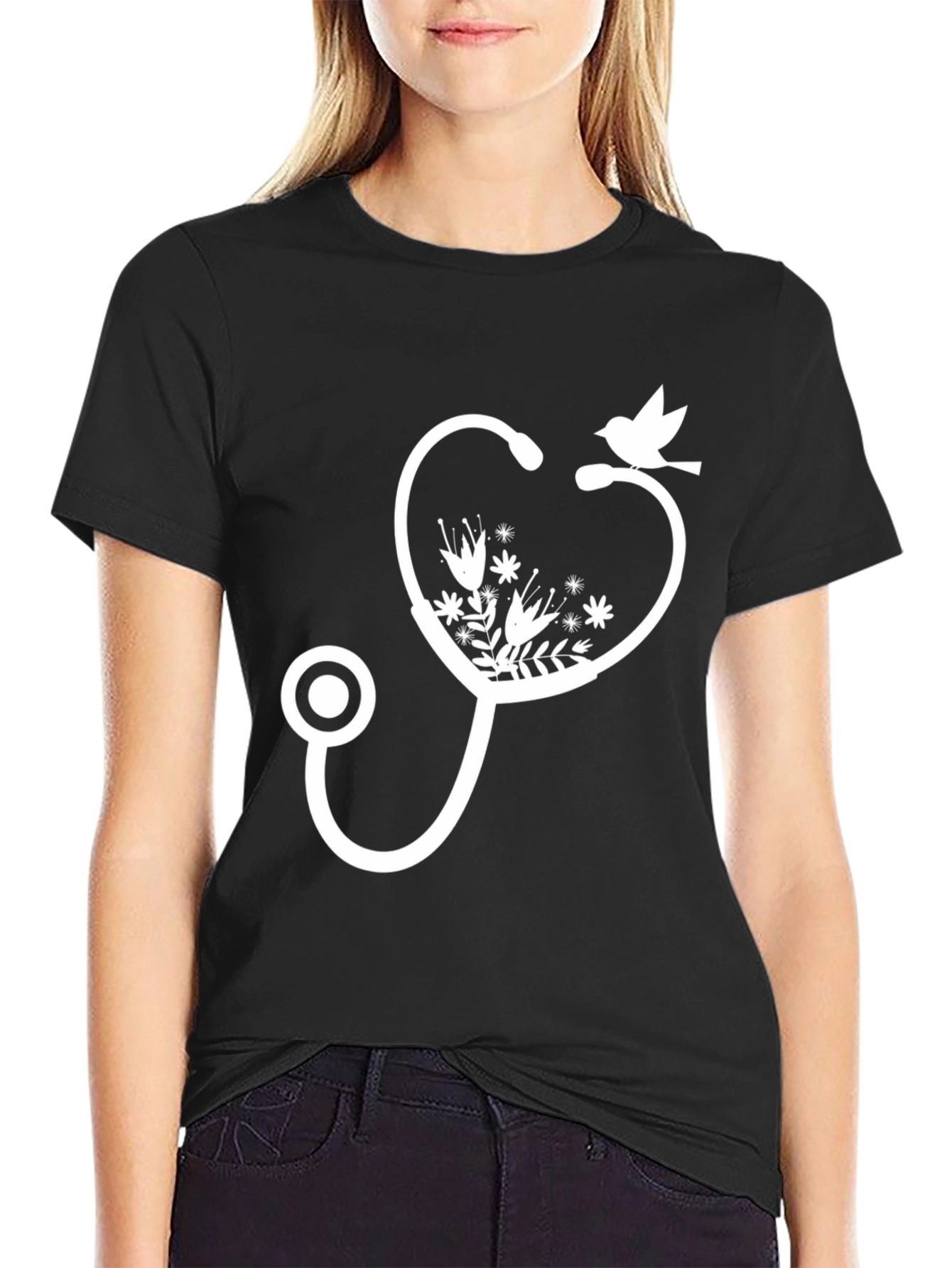 Floral Stethoscope Bird Graphic Tee