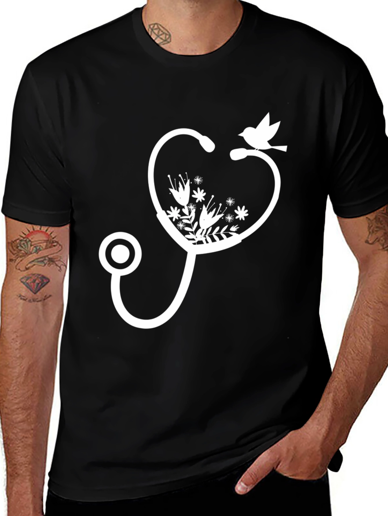 Floral Stethoscope Bird Graphic Tee