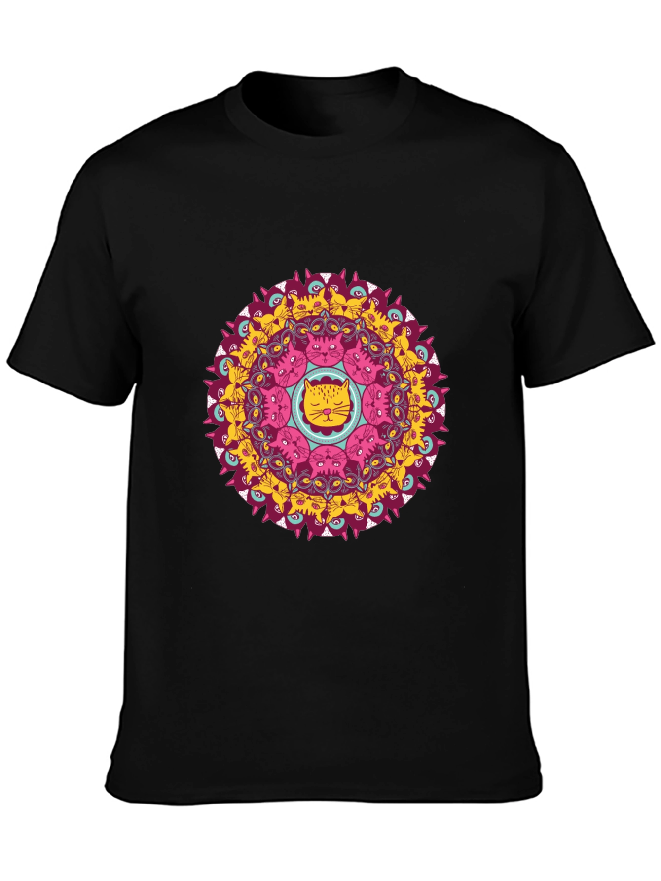 Cat Mandala Graphic T-Shirt - Black