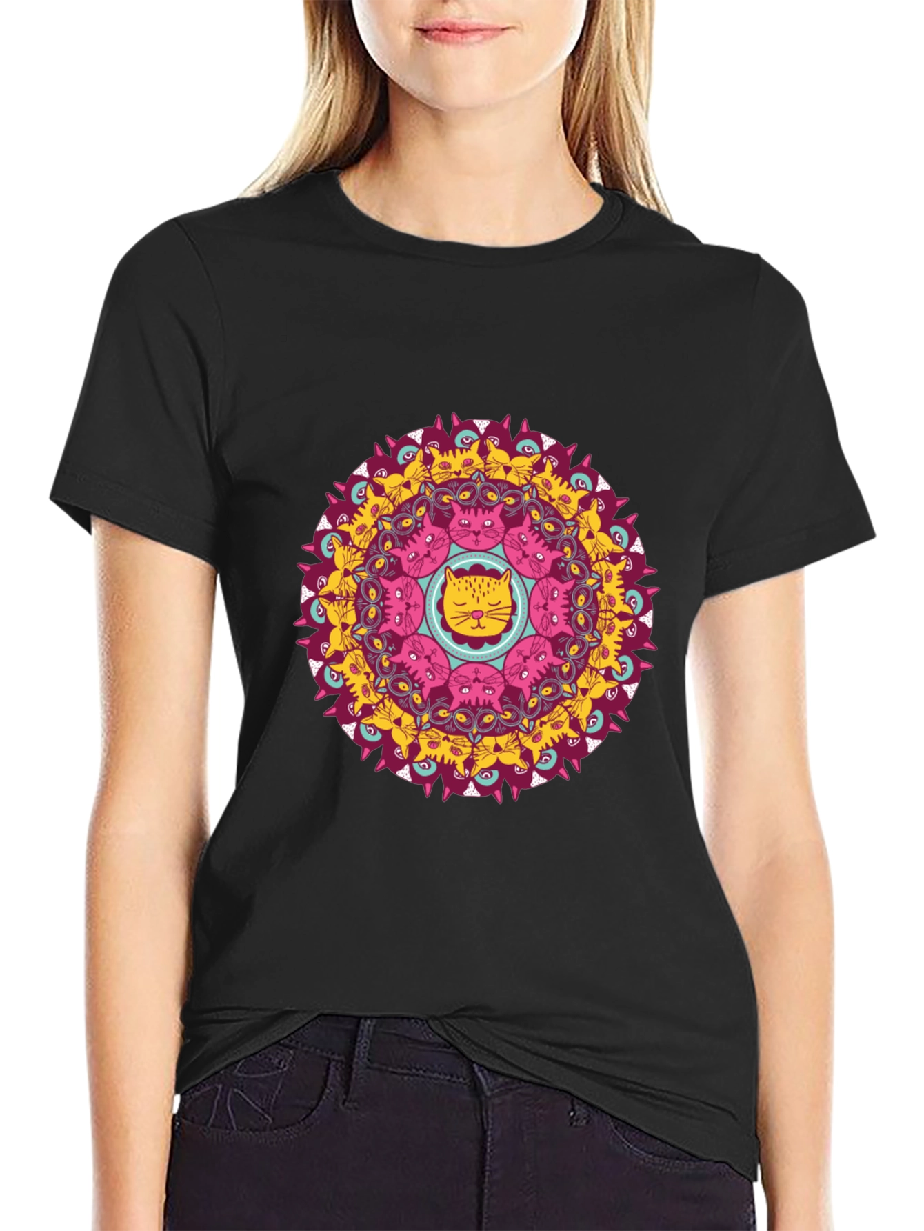Cat Mandala Graphic T-Shirt - Black