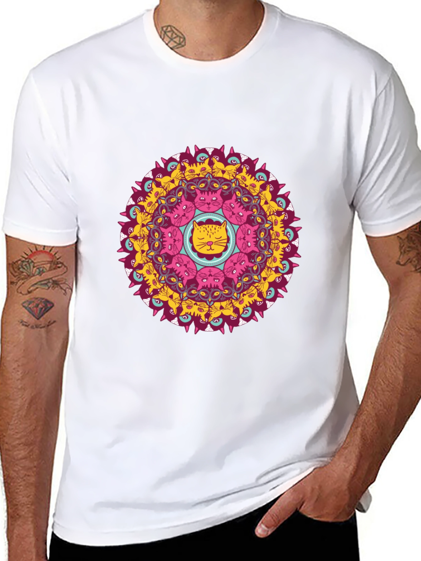 Cat Mandala Graphic T-Shirt - Black