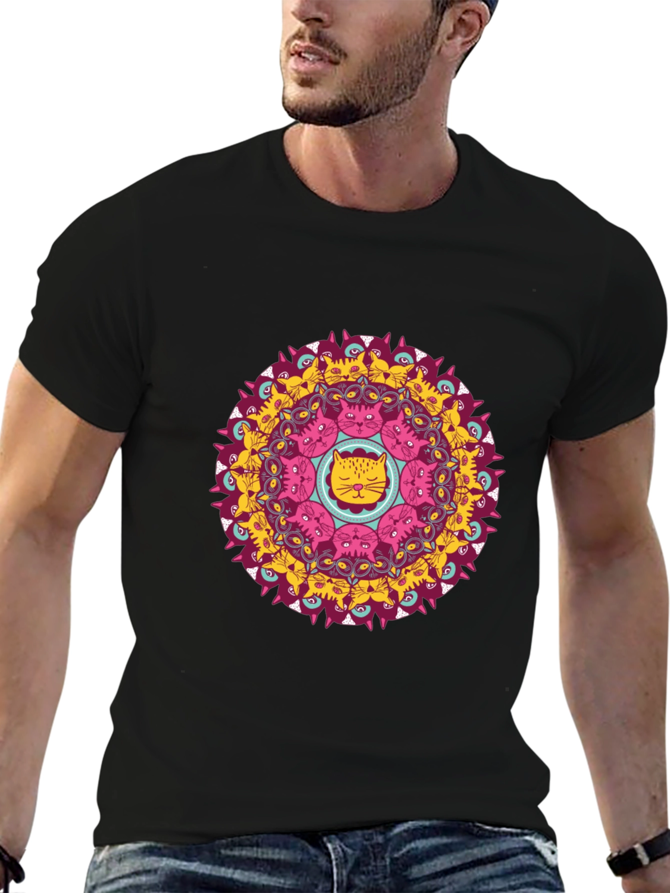 Cat Mandala Graphic T-Shirt - Black