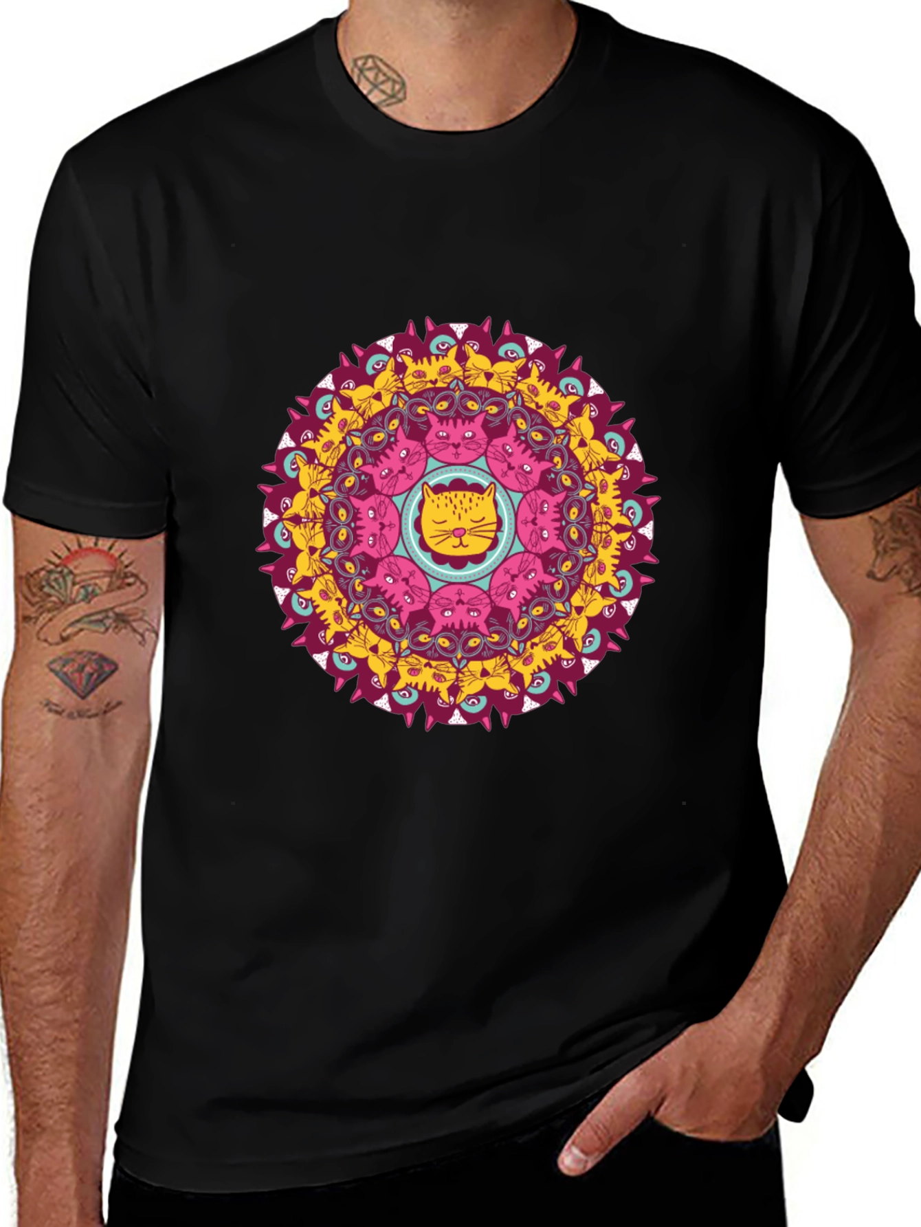 Cat Mandala Graphic T-Shirt - Black