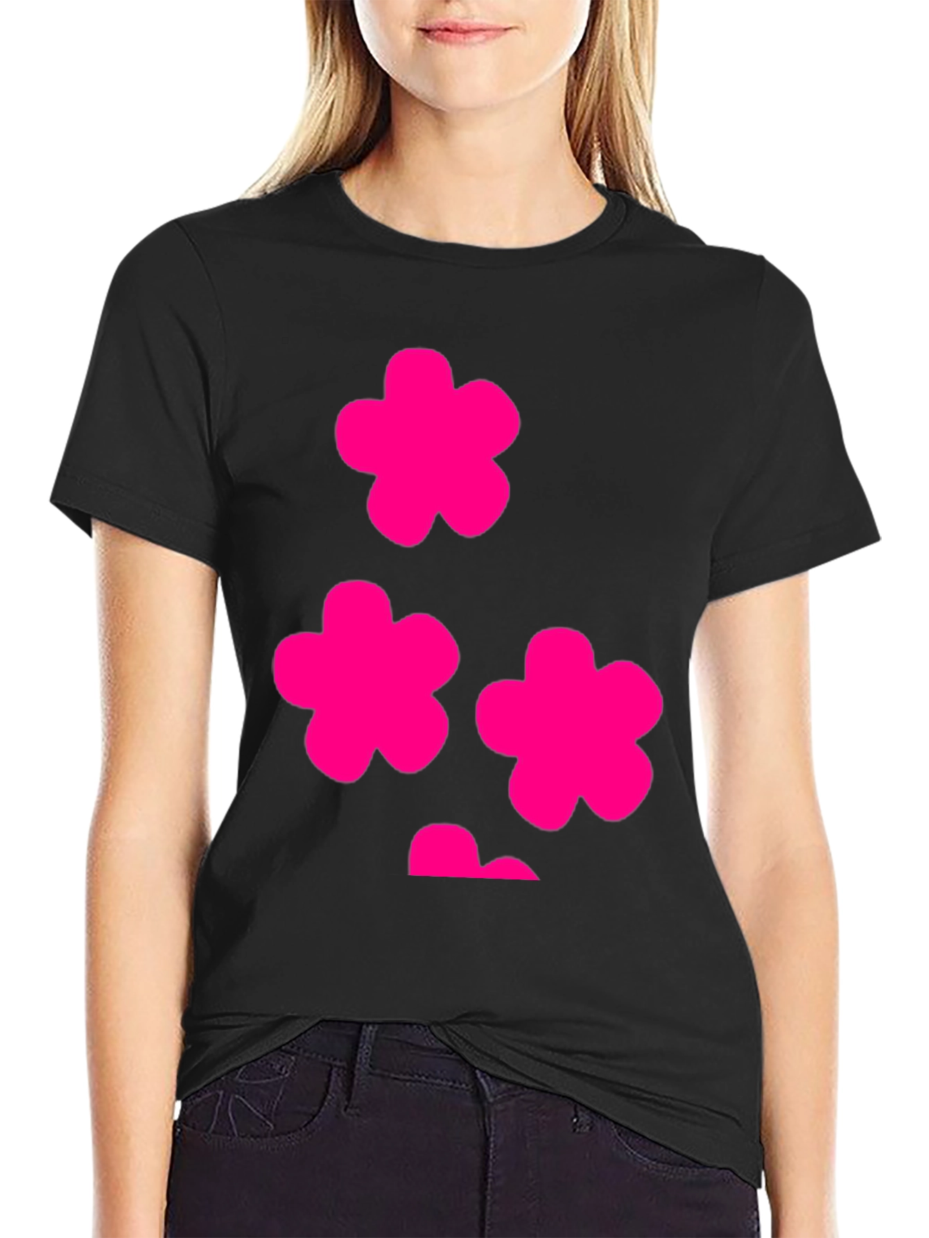 Pink Flowers Graphic Tee - Stylish Black T-Shirt