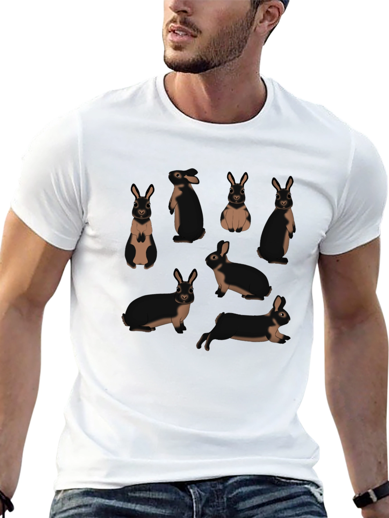 Cute Rabbit Pattern Black T-Shirt