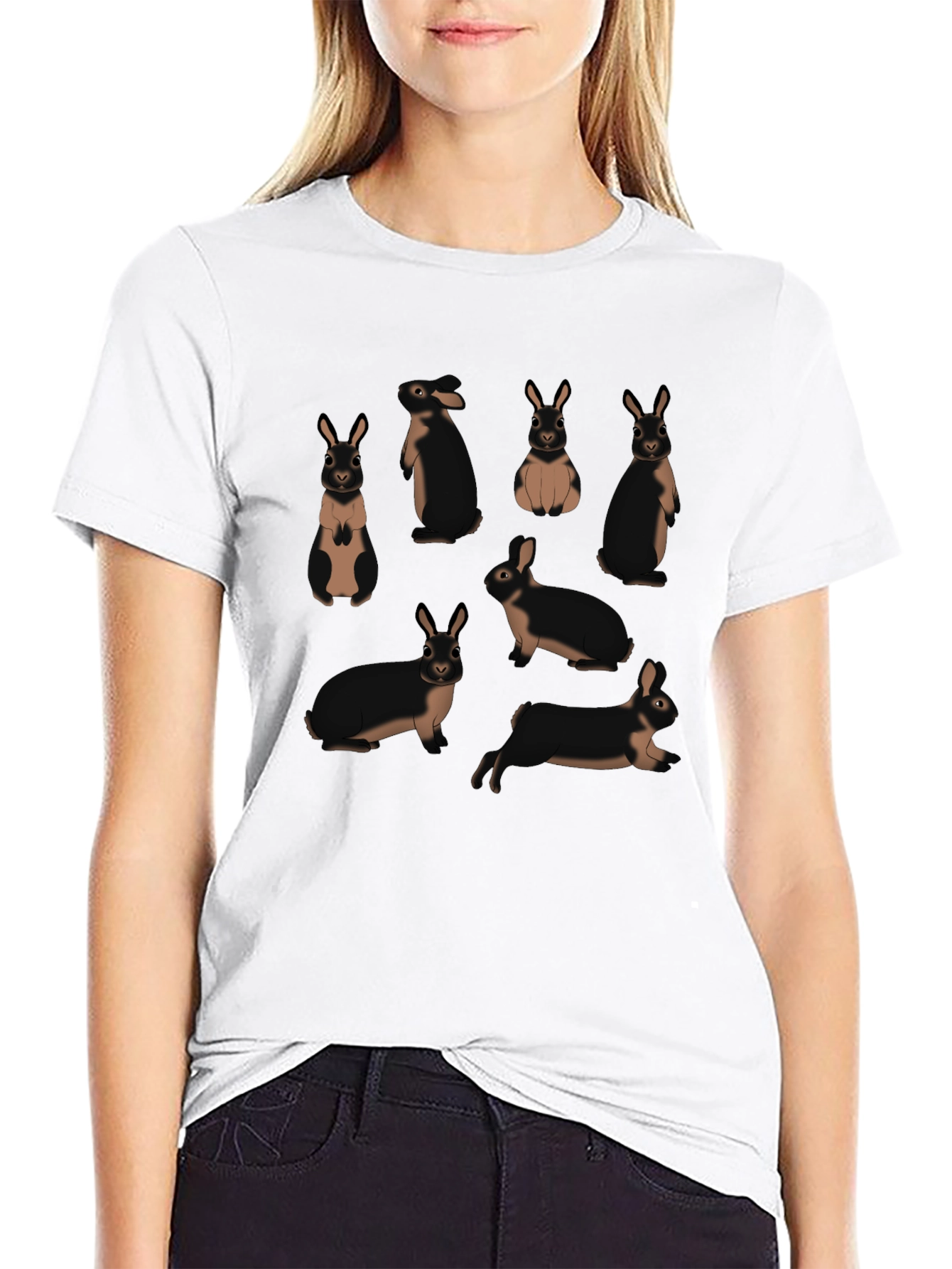 Cute Rabbit Pattern Black T-Shirt