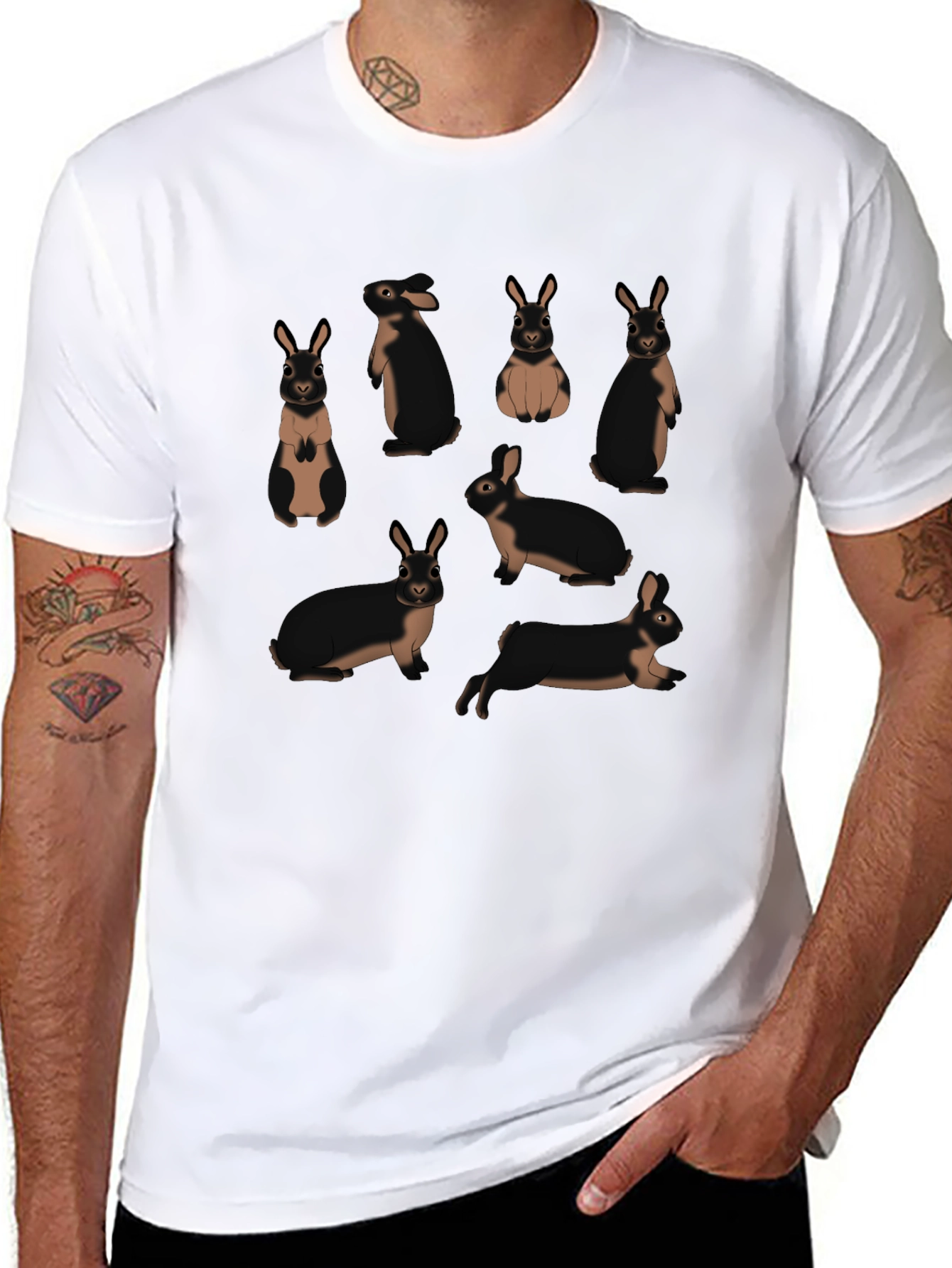 Cute Rabbit Pattern Black T-Shirt
