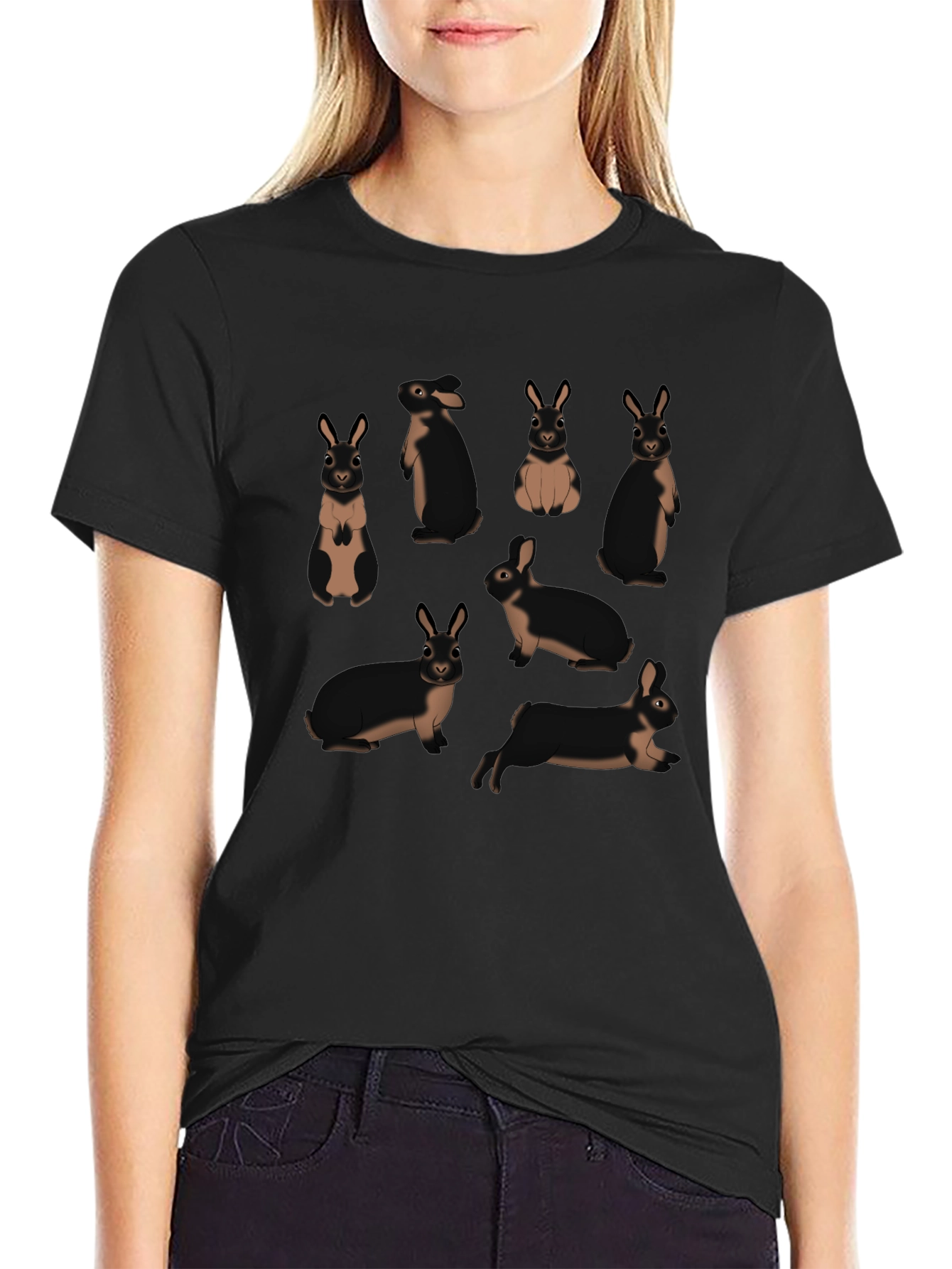 Cute Rabbit Pattern Black T-Shirt