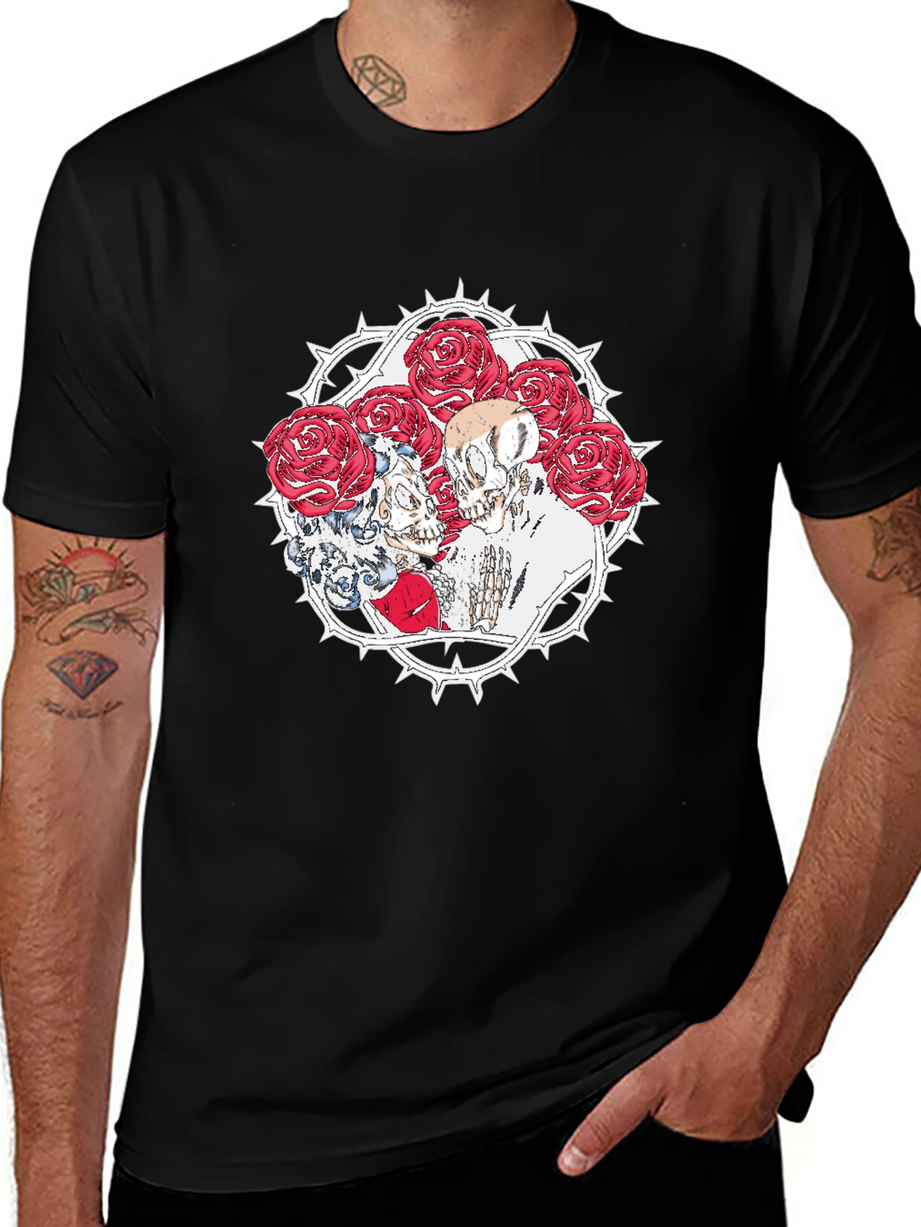 Skull & Roses Graphic Print Black T-Shirt