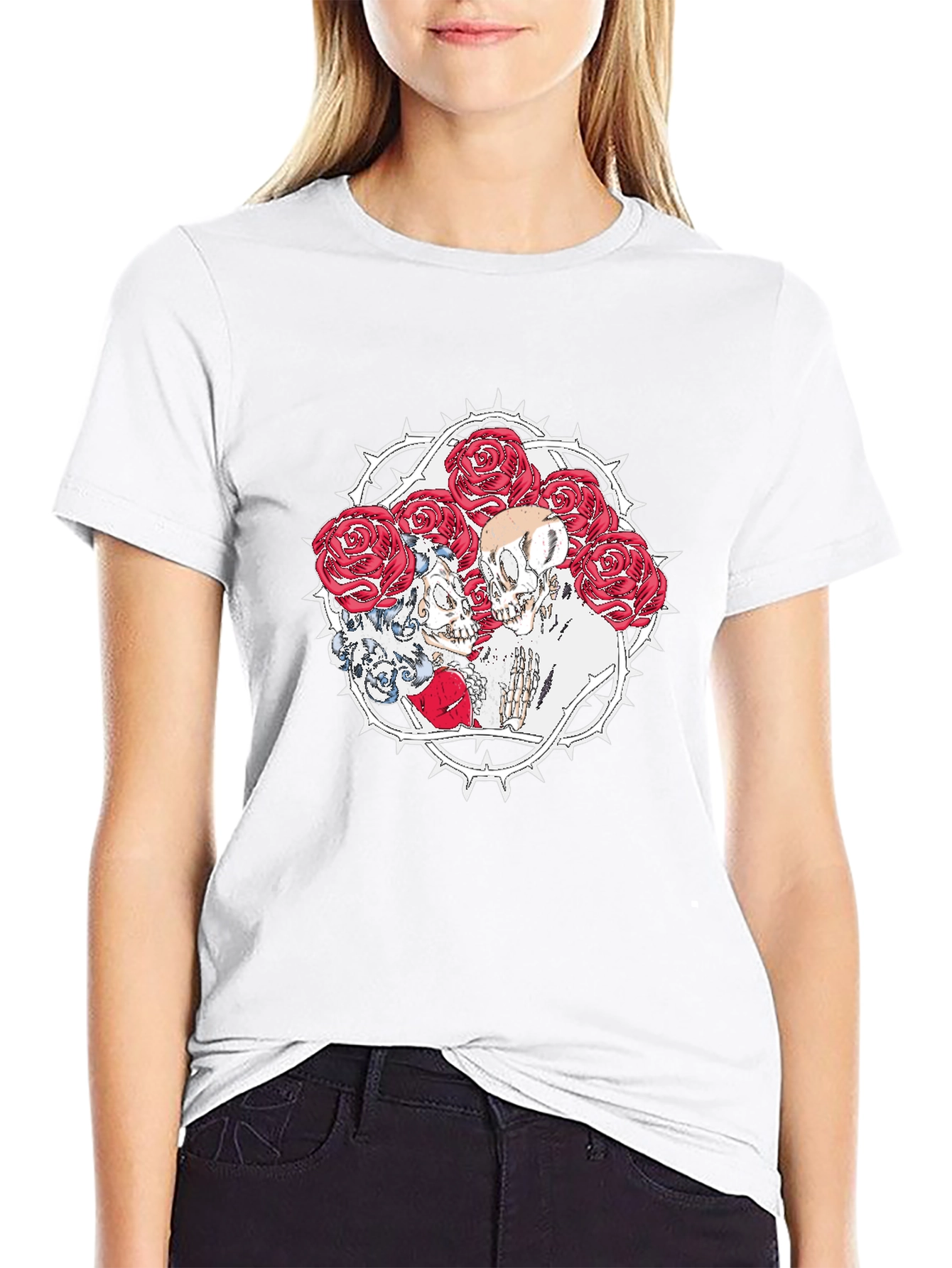 Skull & Roses Graphic Print Black T-Shirt