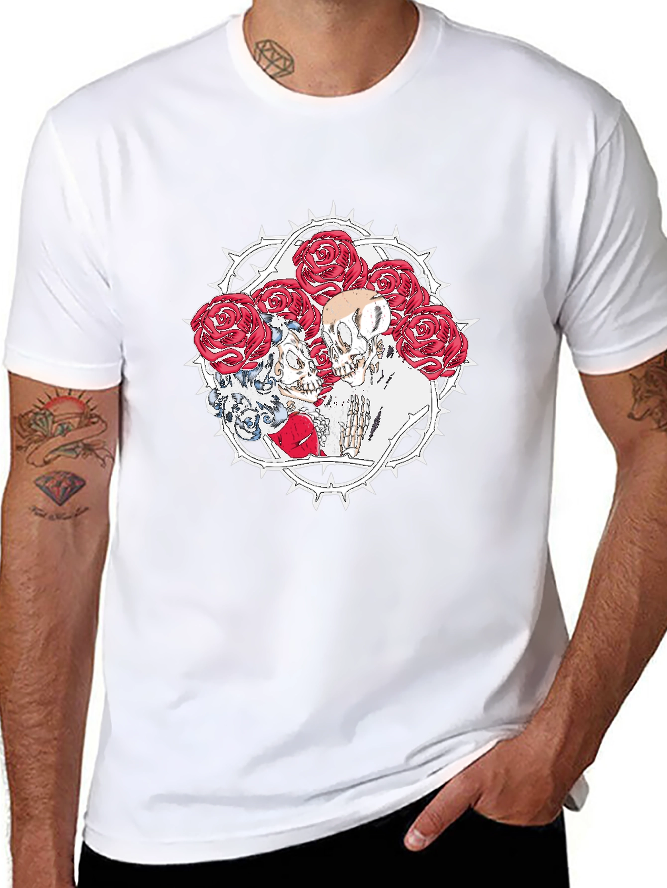 Skull & Roses Graphic Print Black T-Shirt