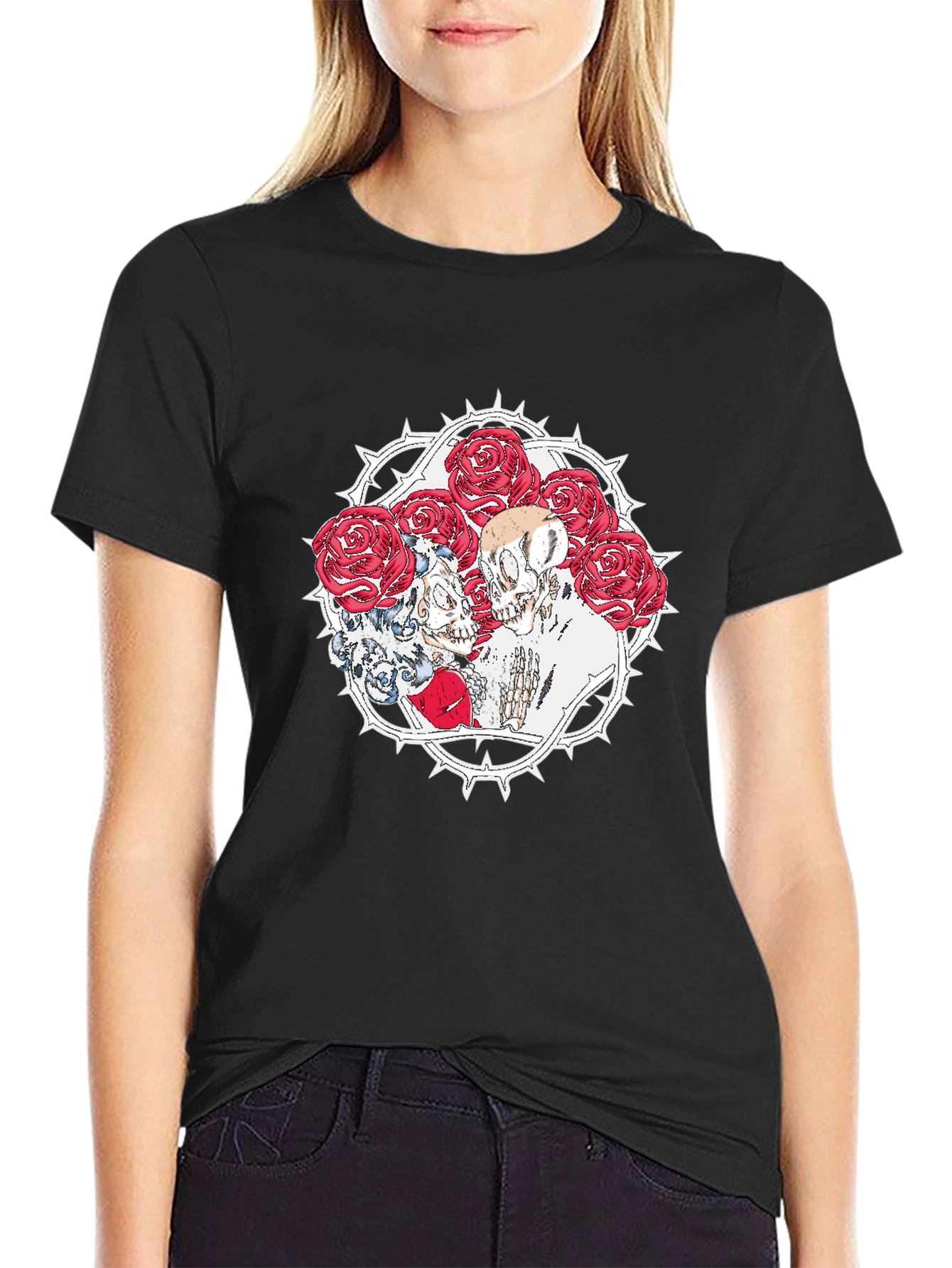 Skull & Roses Graphic Print Black T-Shirt