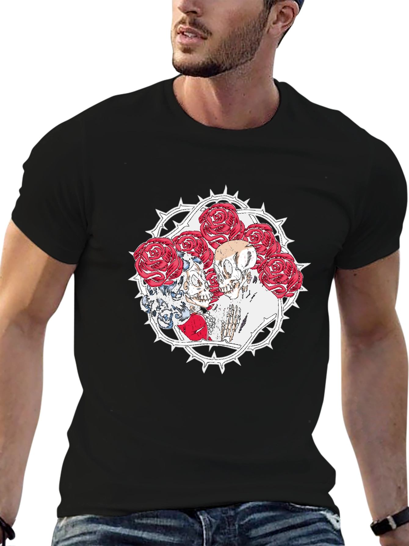 Skull & Roses Graphic Print Black T-Shirt