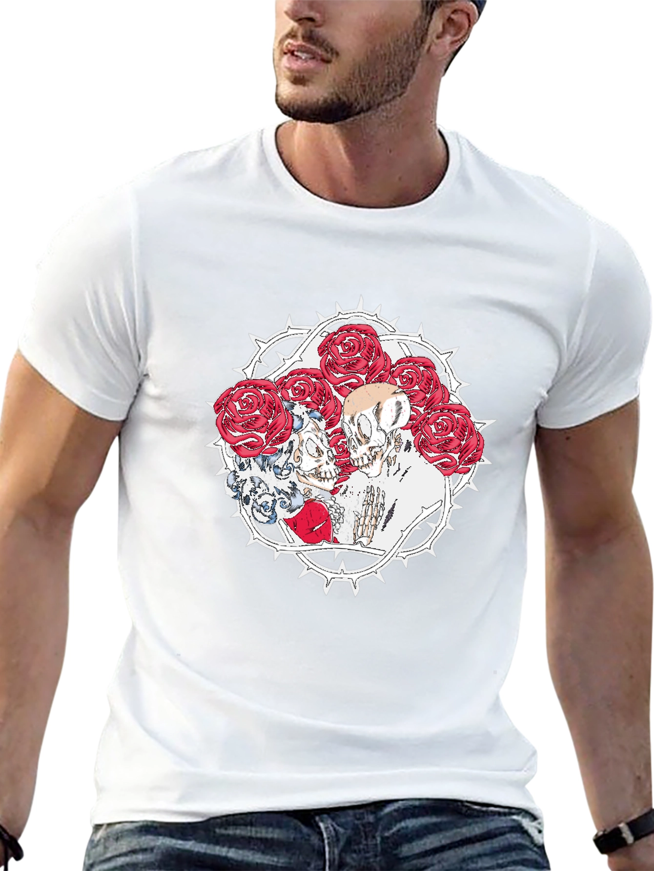 Skull & Roses Graphic Print Black T-Shirt