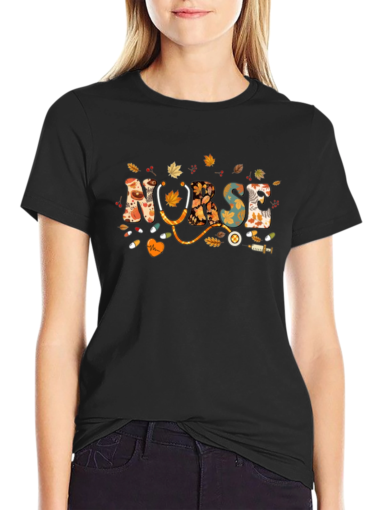 Fall Nurse T-Shirt - Autumn Leaves Design
