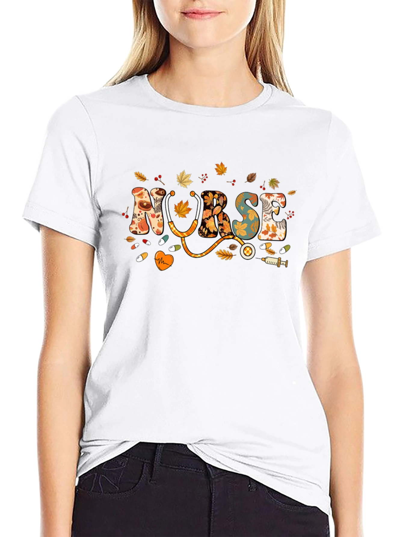 Fall Nurse T-Shirt - Autumn Leaves Design