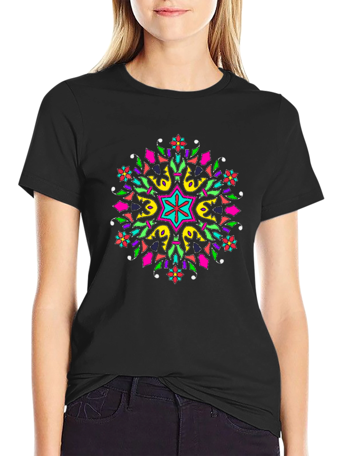 Vibrant Mandala Graphic Print Black T-Shirt
