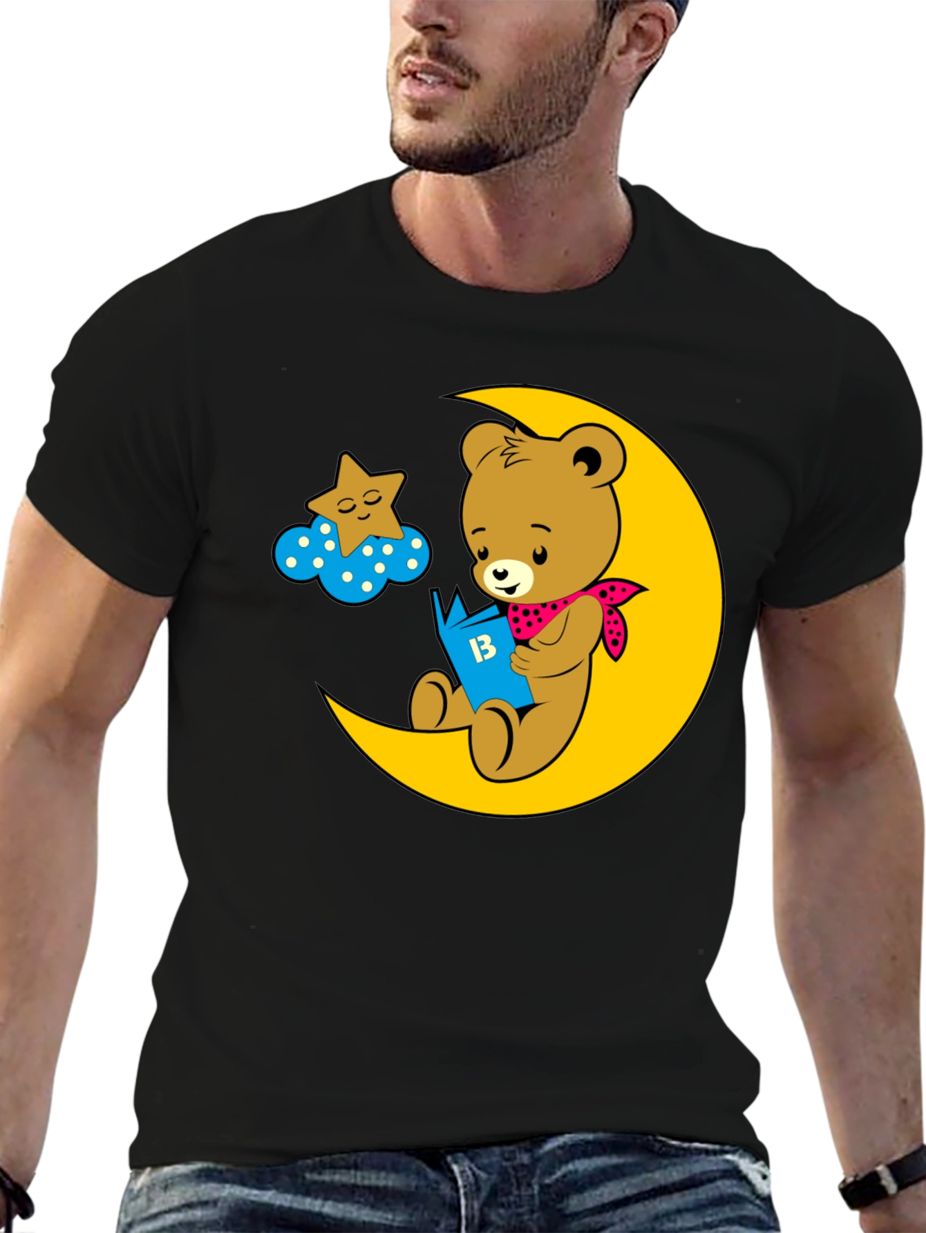 Bear Reading on Moon Graphic Tee - Black