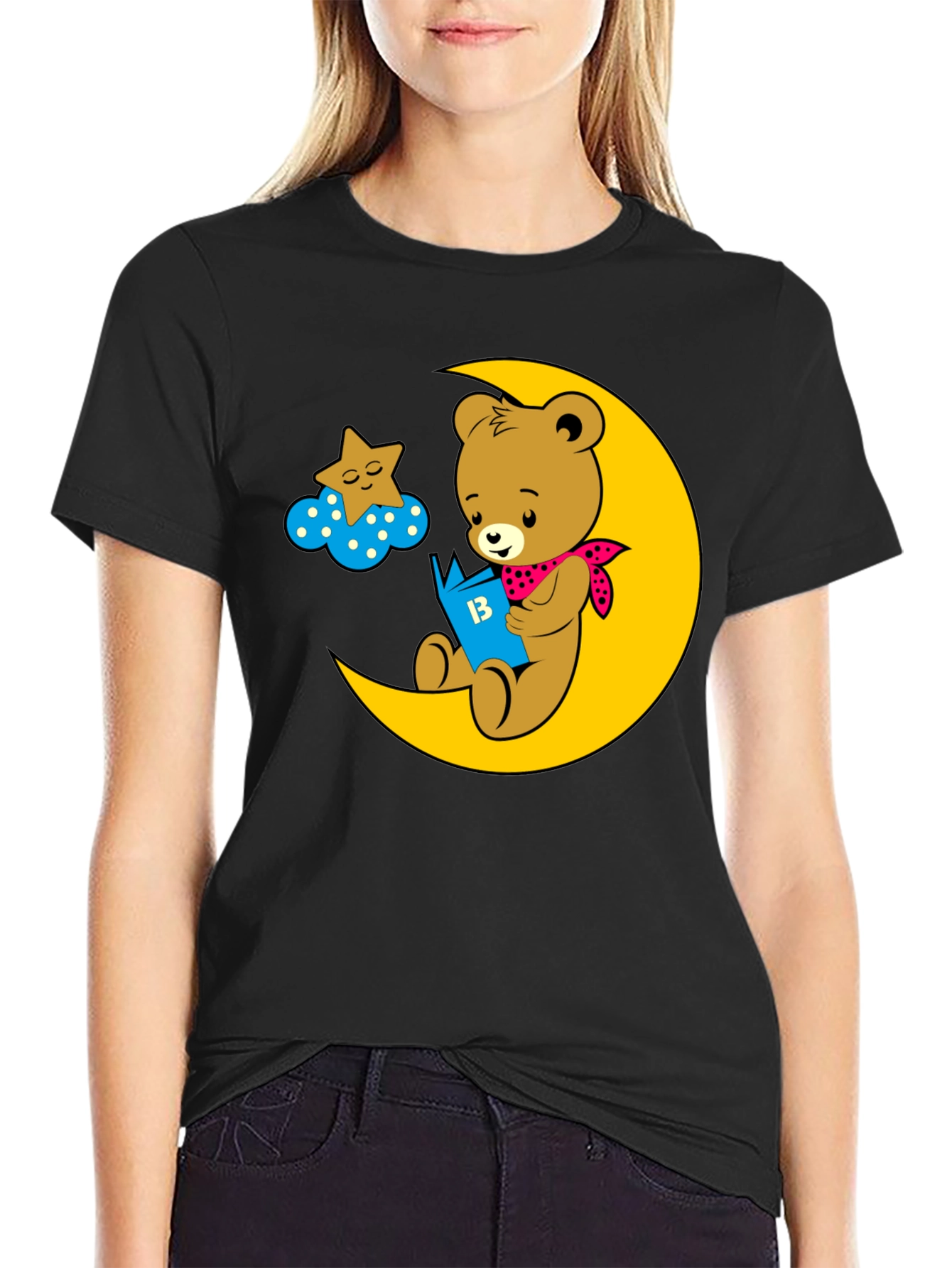 Bear Reading on Moon Graphic Tee - Black