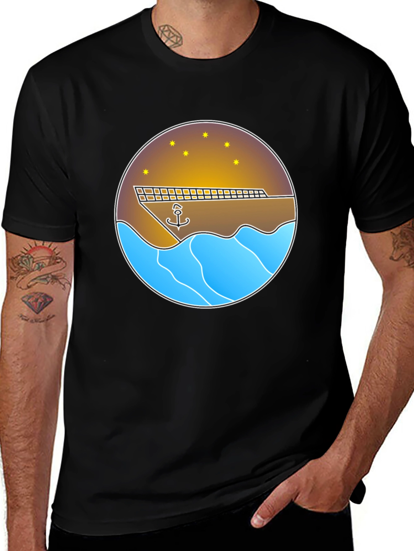 Nautical Anchor & Ship Graphic Tee - Black