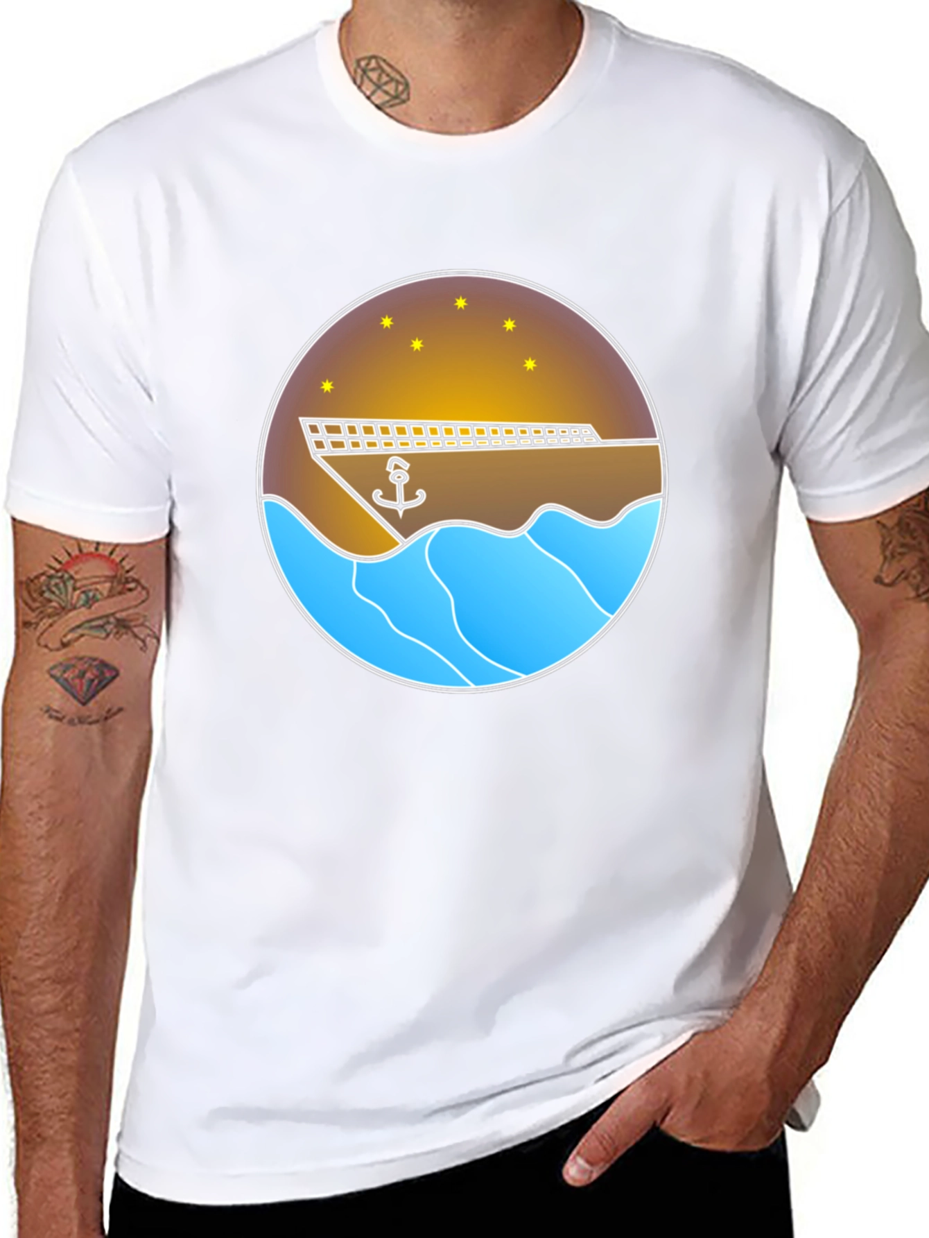 Nautical Anchor & Ship Graphic Tee - Black