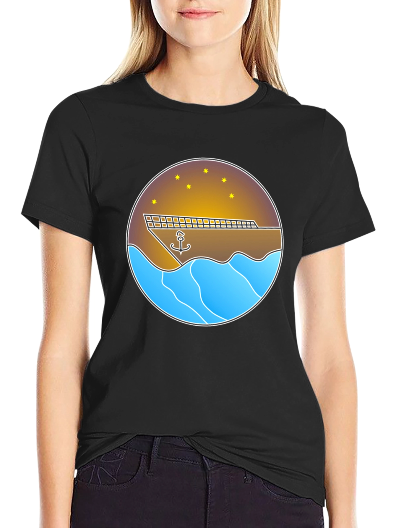 Nautical Anchor & Ship Graphic Tee - Black