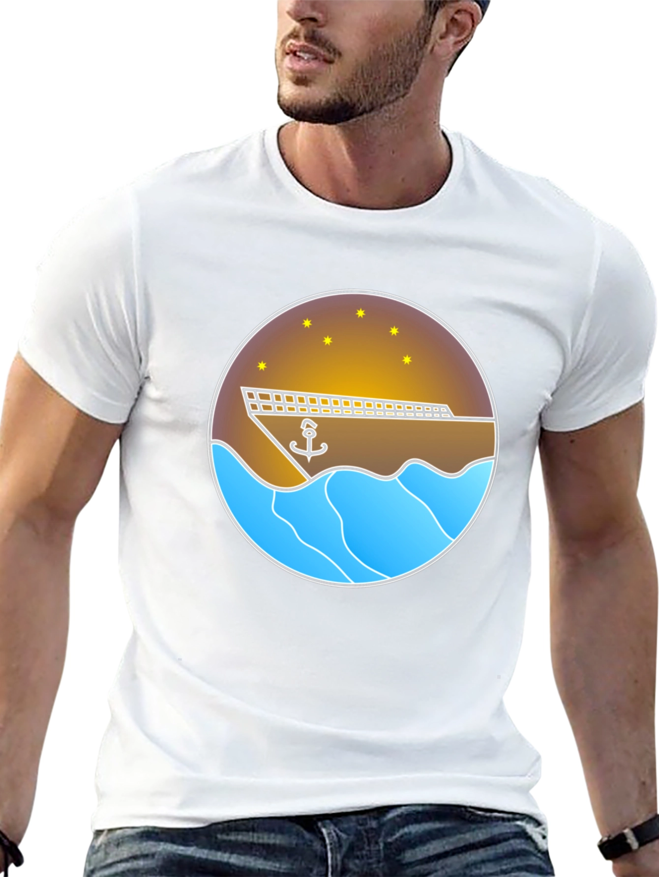 Nautical Anchor & Ship Graphic Tee - Black