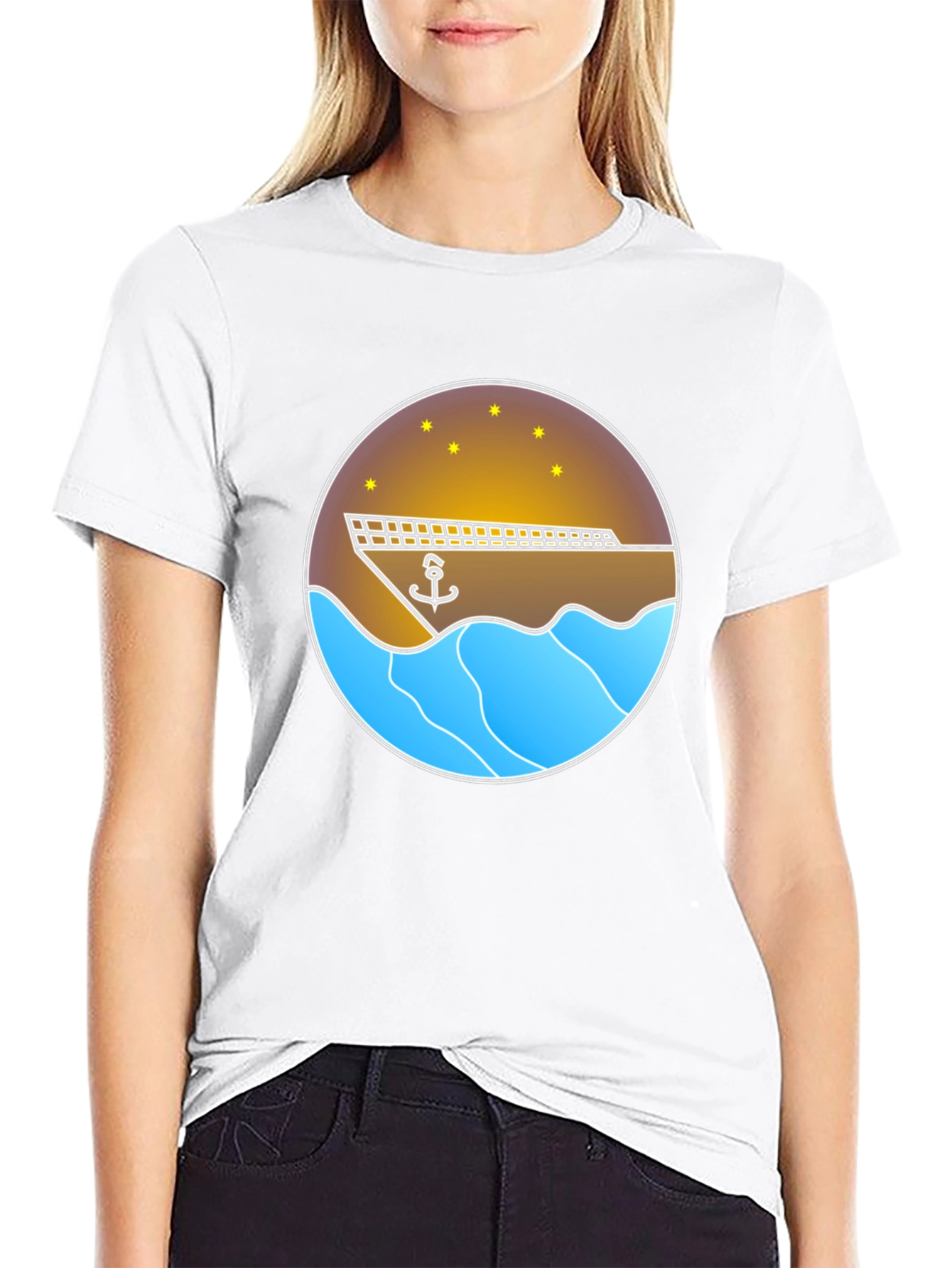 Nautical Anchor & Ship Graphic Tee - Black