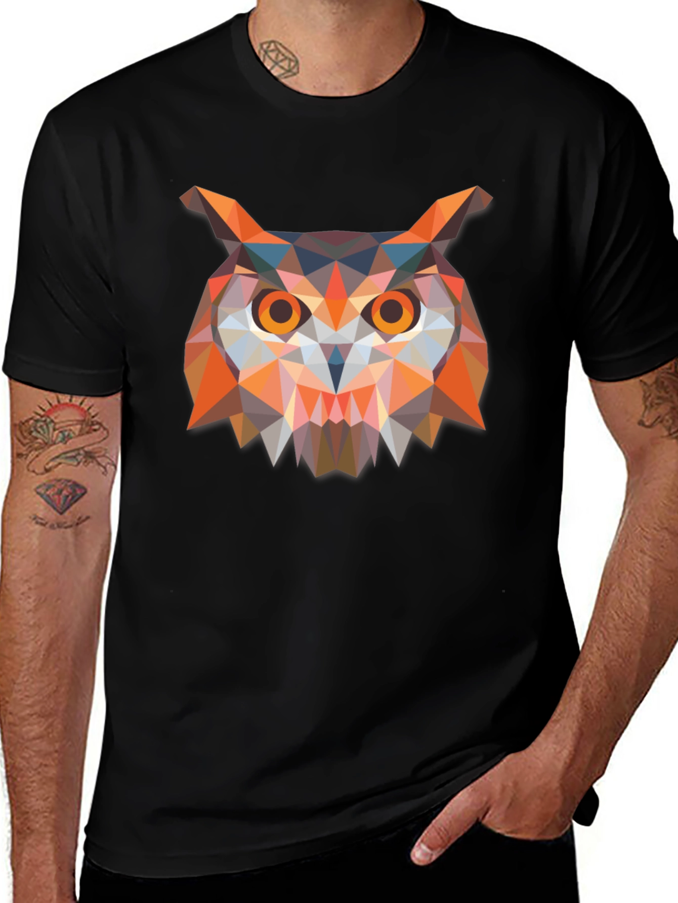 Geometric Owl Print Black T-Shirt
