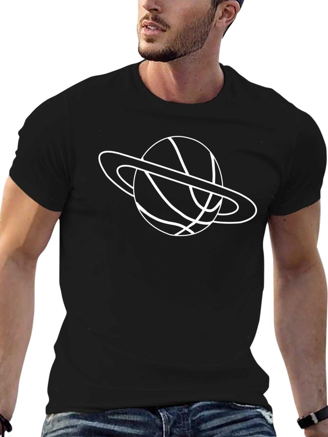 Saturn Basketball Graphic Tee - Black Cotton Casual T-Shirt
