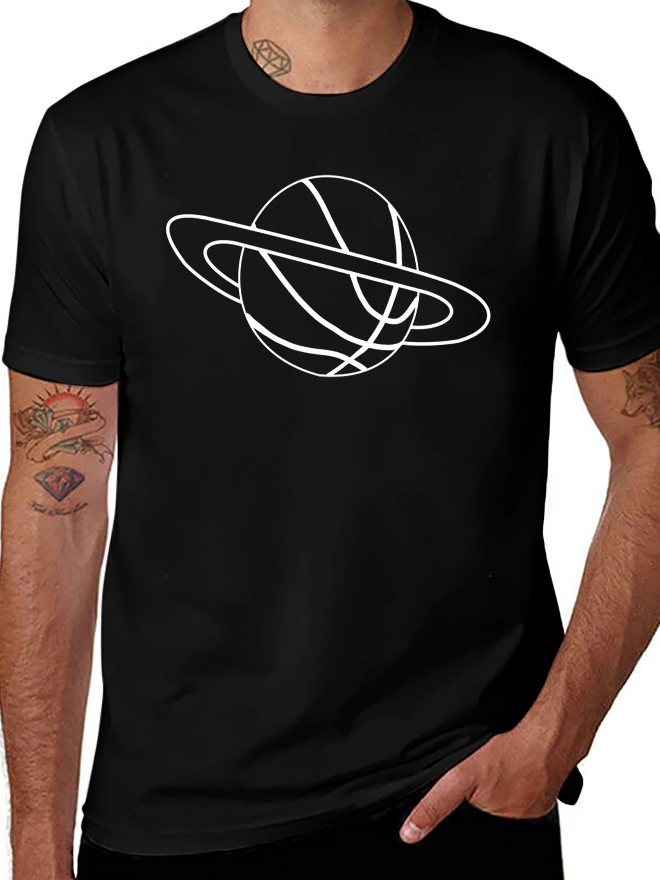 Saturn Basketball Graphic Tee - Black Cotton Casual T-Shirt