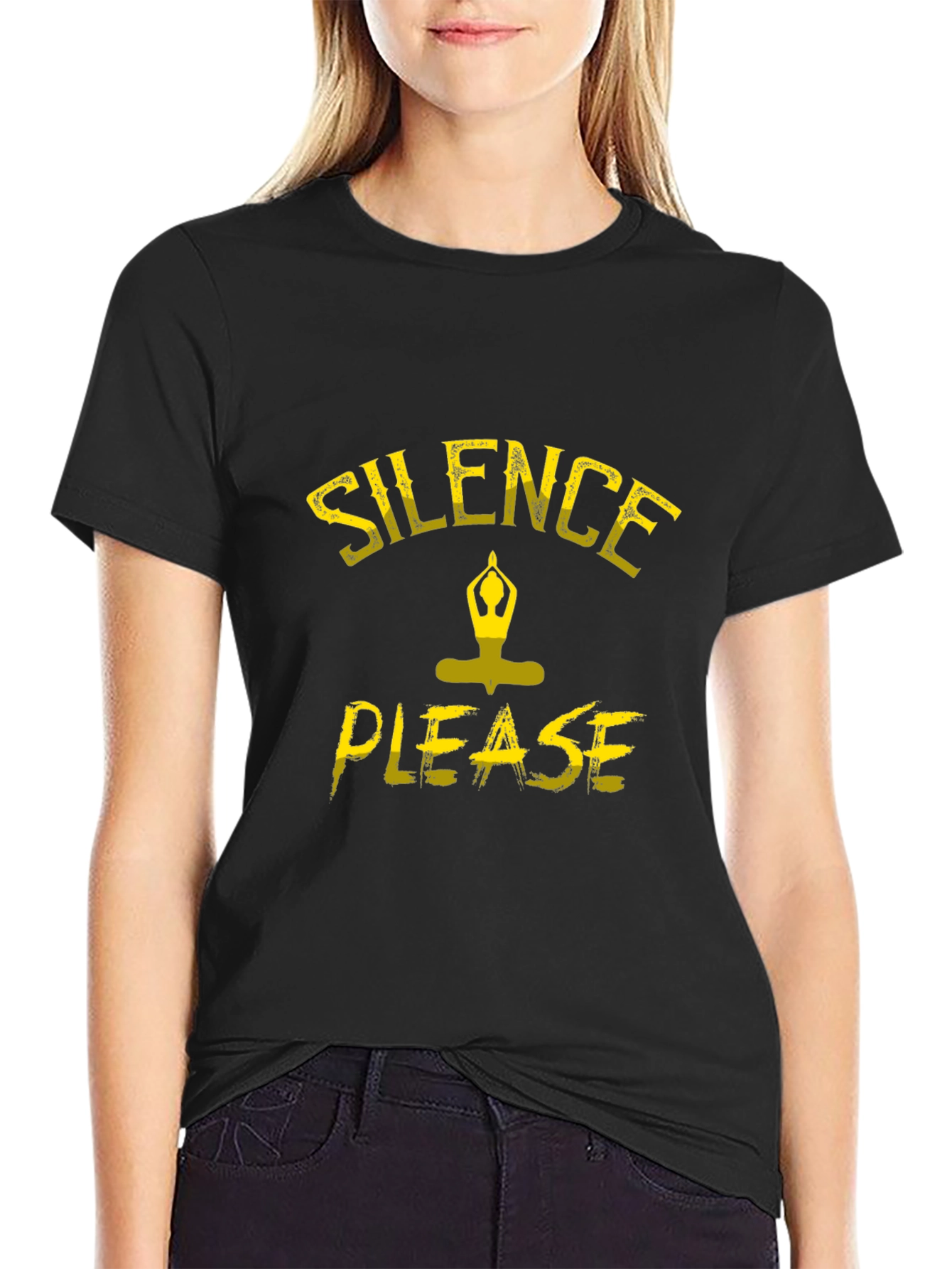 Silence Please Yoga Graphic Black T-Shirt