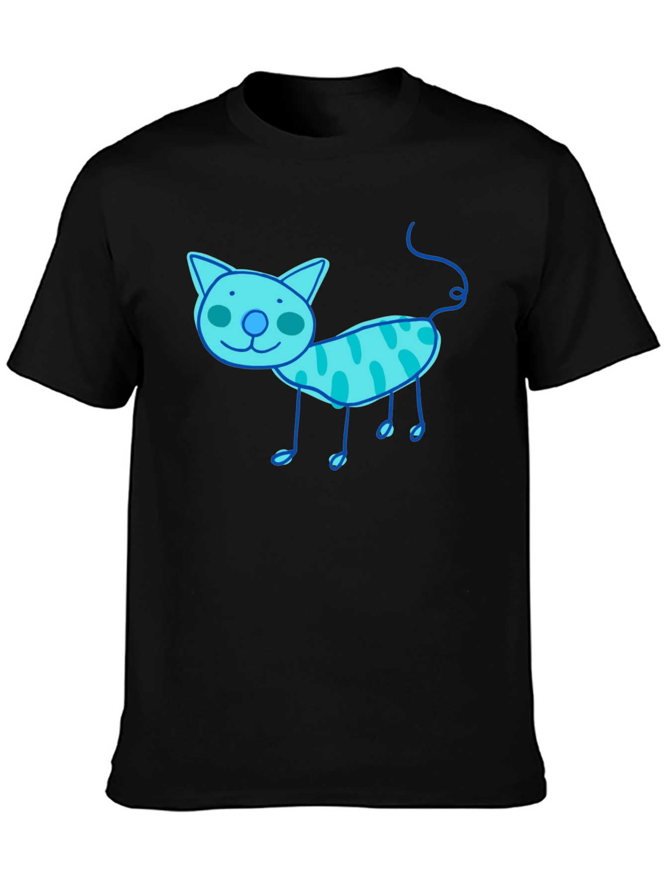 Whimsical Cat Graphic Tee - Black Cotton T-Shirt