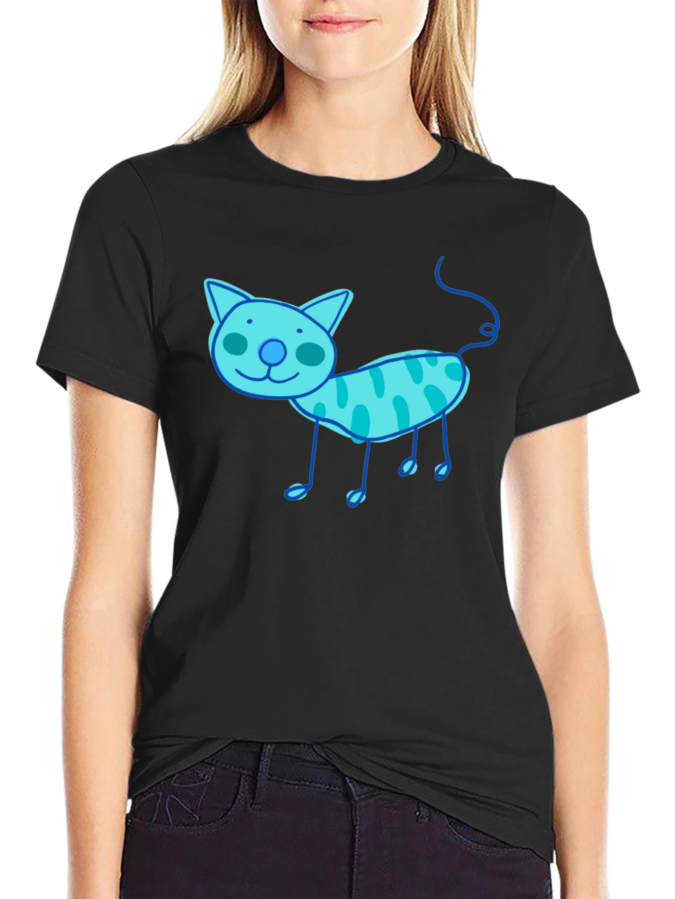 Whimsical Cat Graphic Tee - Black Cotton T-Shirt