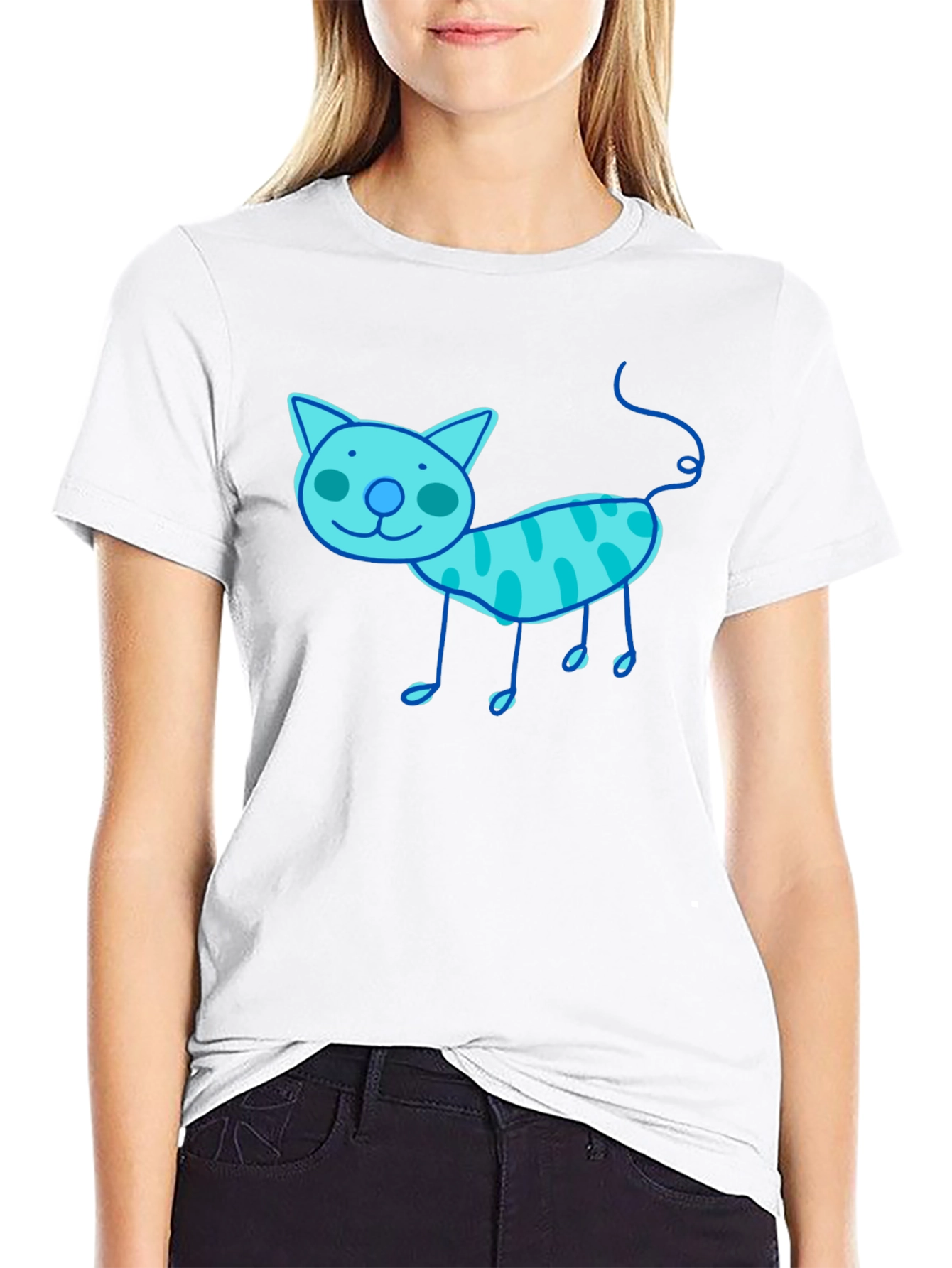Whimsical Cat Graphic Tee - Black Cotton T-Shirt