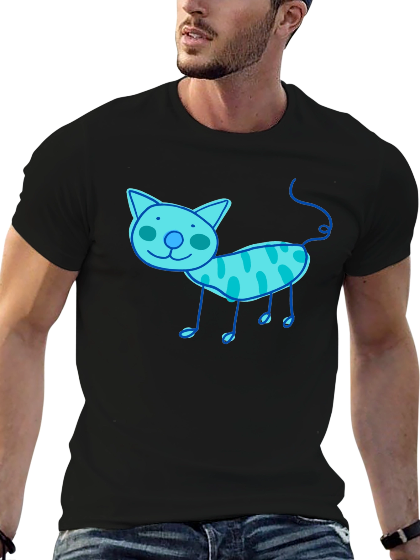 Whimsical Cat Graphic Tee - Black Cotton T-Shirt