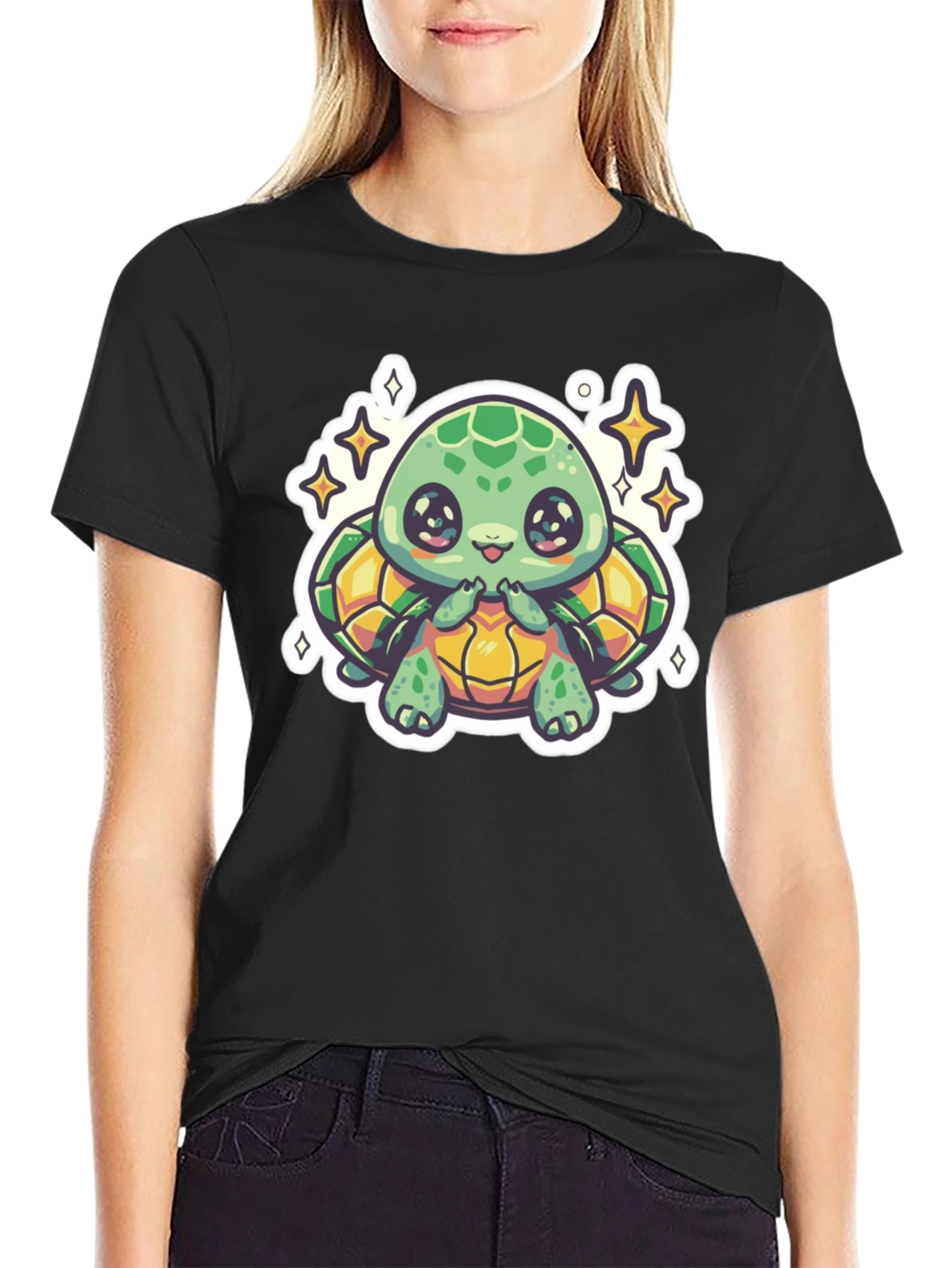 Cute Turtle Graphic Tee - Black Cotton T-Shirt