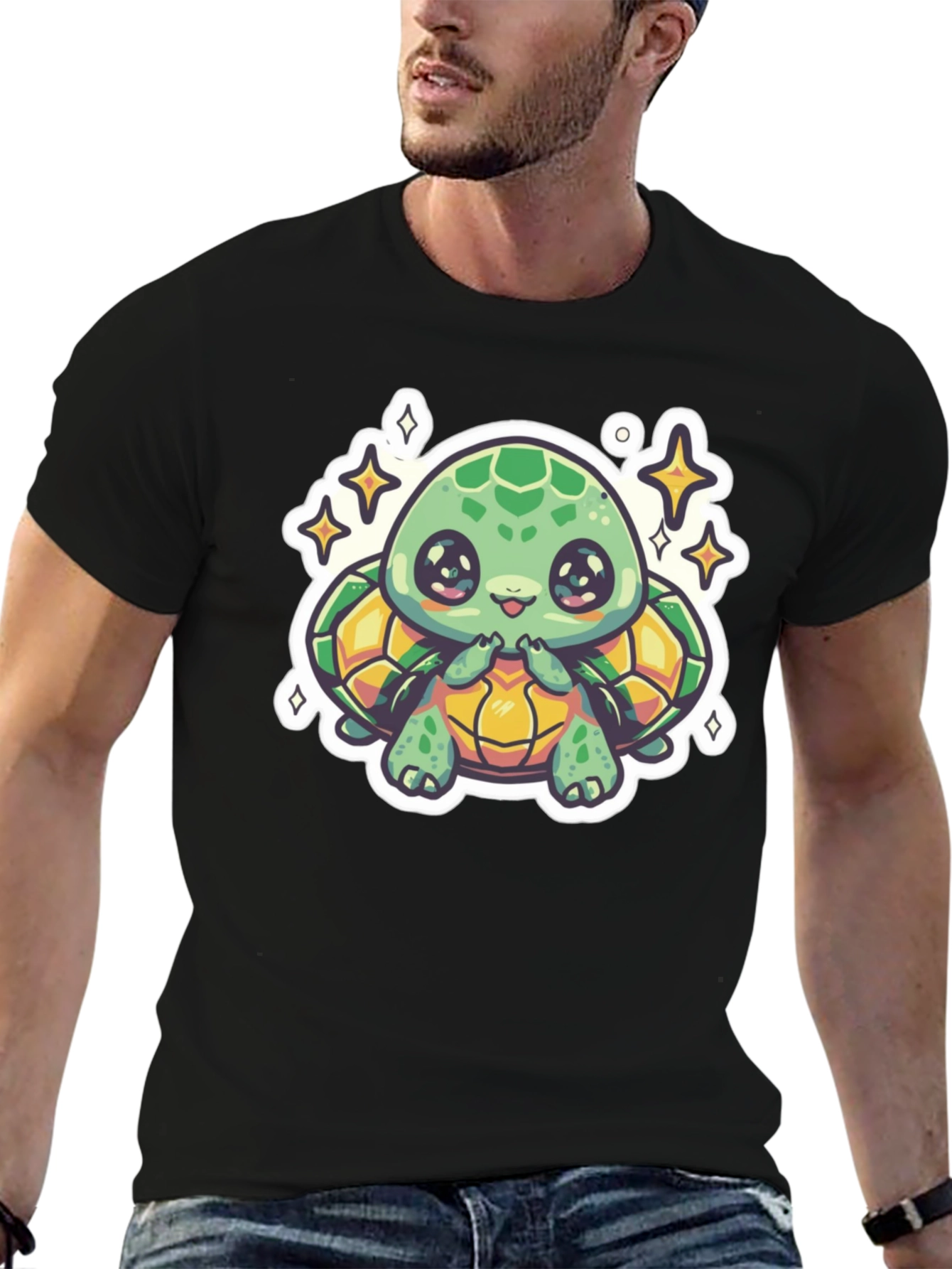 Cute Turtle Graphic Tee - Black Cotton T-Shirt