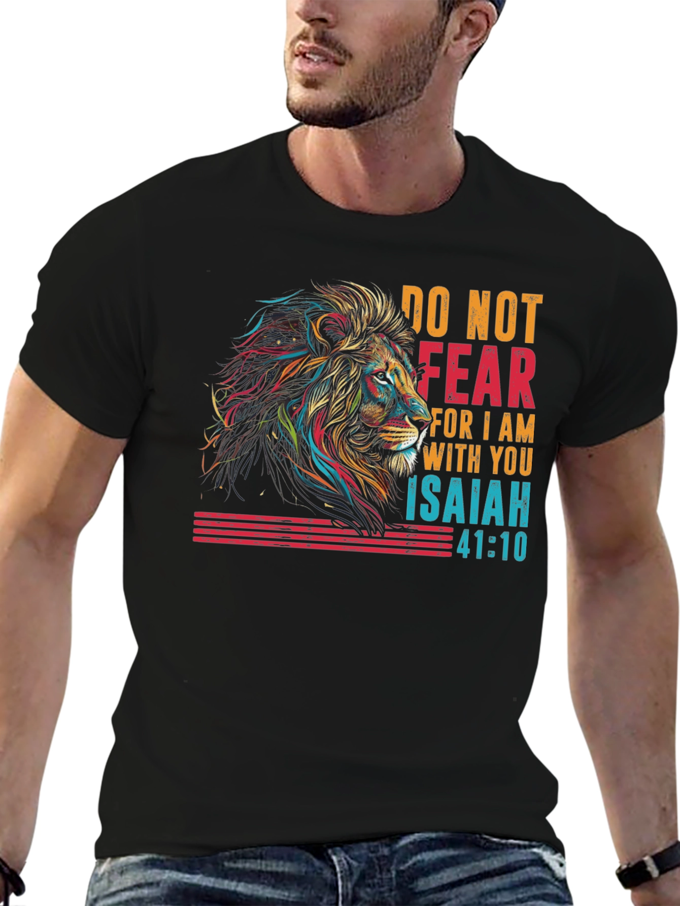 Lion Isaiah 41:10 Graphic Print Black T-Shirt