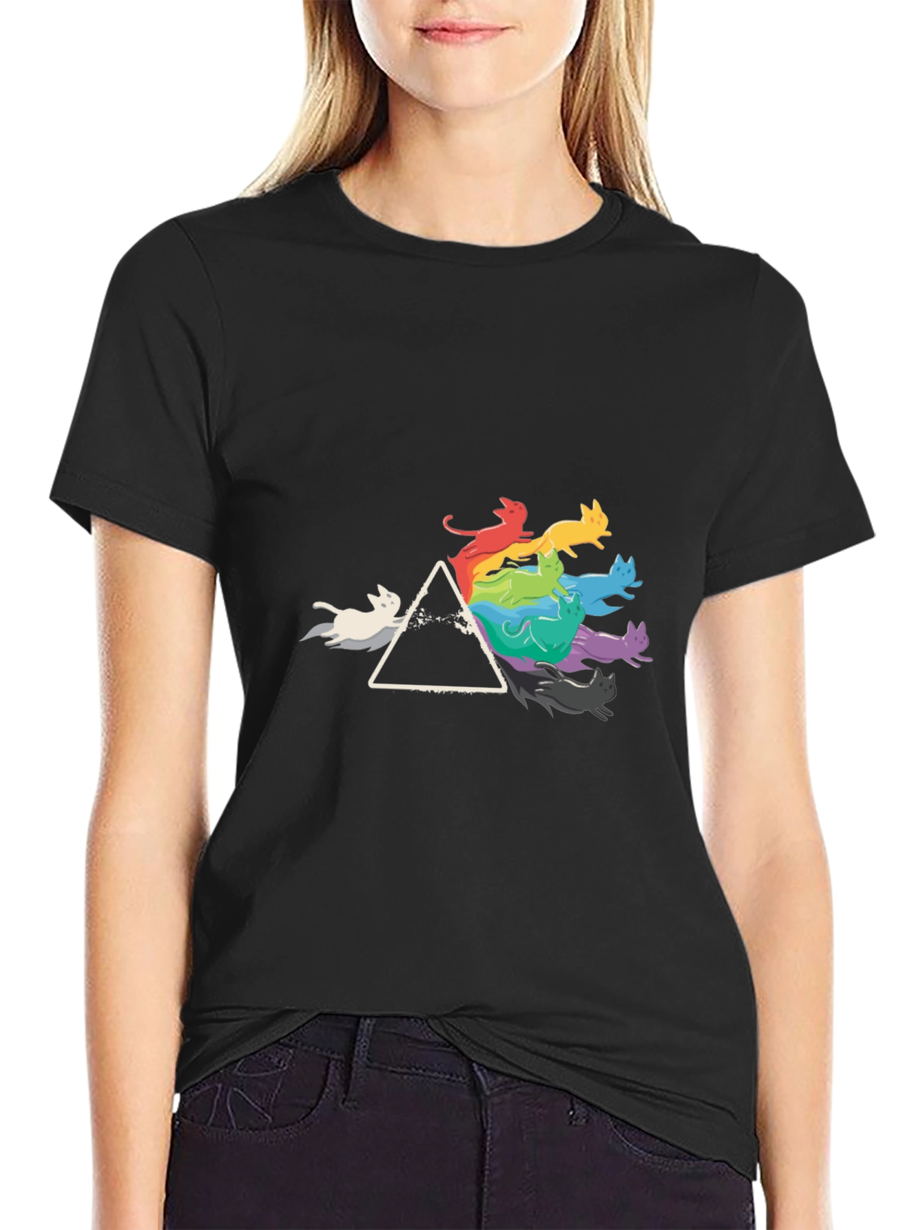 Prism Cats Black T-Shirt - Rainbow Feline Design