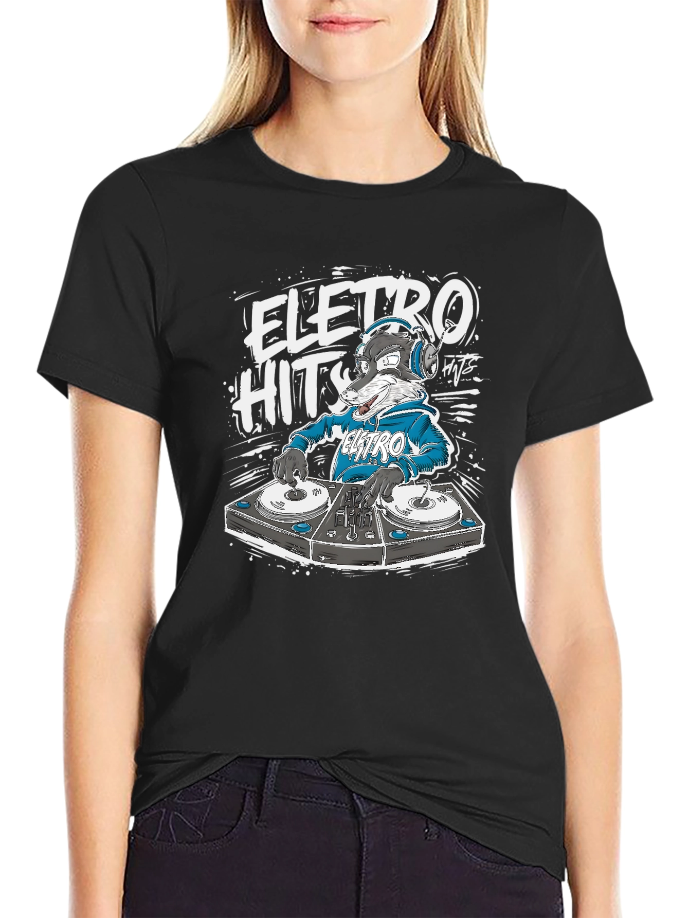 Electro Hits DJ Wolf Graphic T-Shirt - Black
