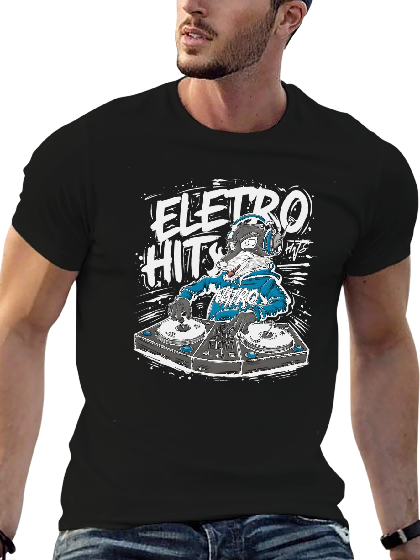 Electro Hits DJ Wolf Graphic T-Shirt - Black