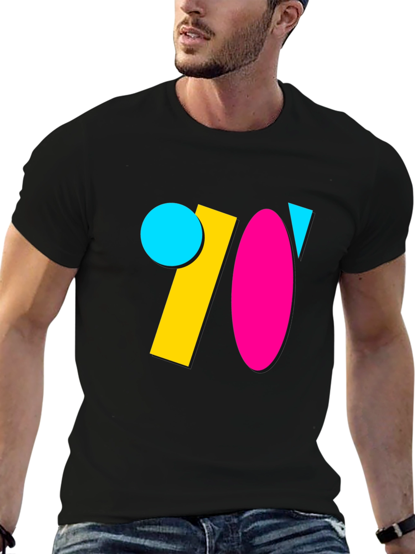 Retro 70s Geometric Graphic Tee - Black