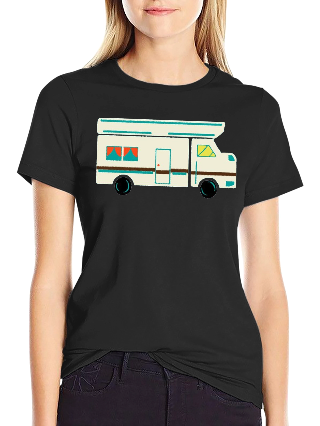 Retro Camper Graphic Tee - Black Cotton T-Shirt