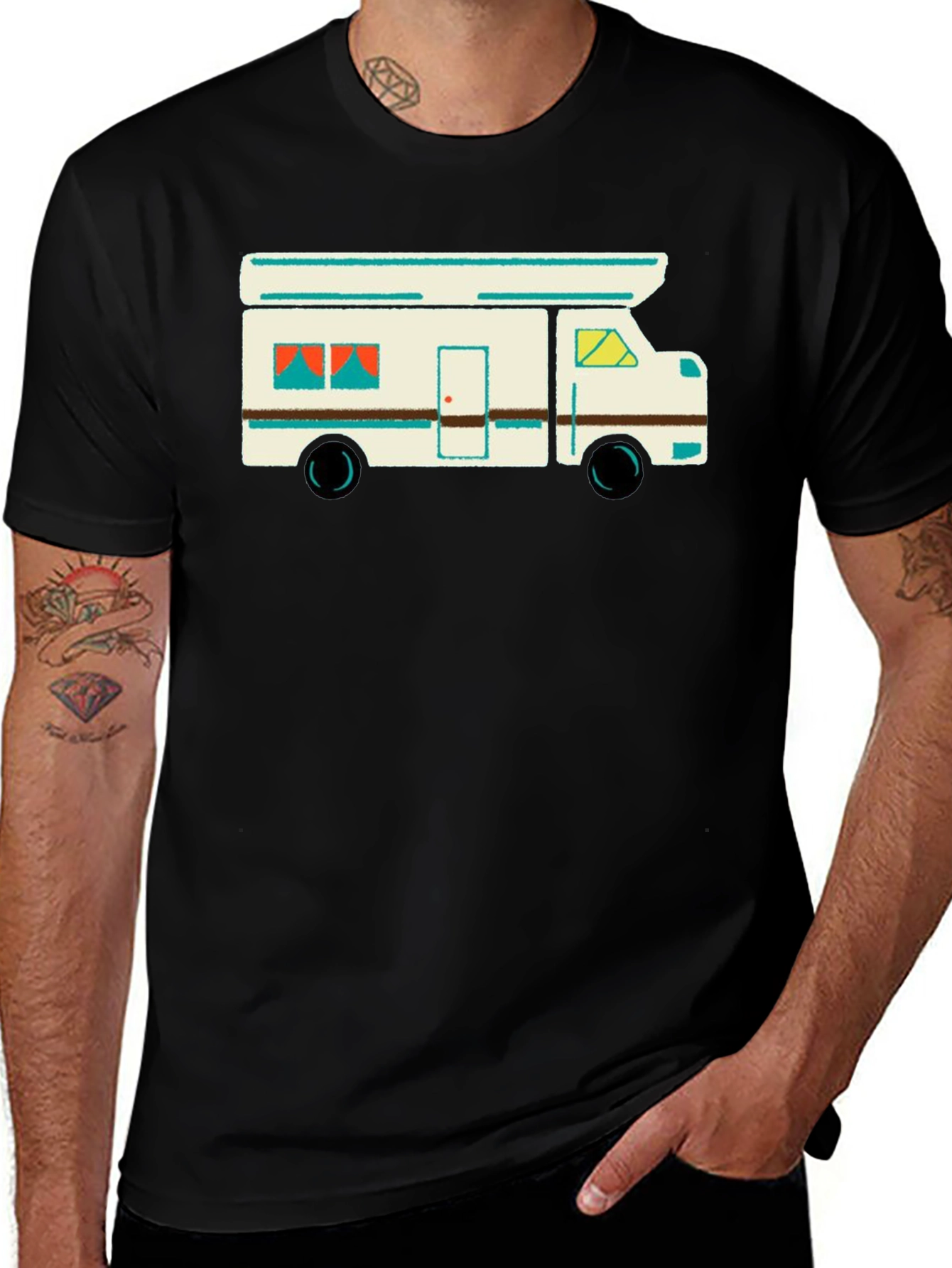 Retro Camper Graphic Tee - Black Cotton T-Shirt